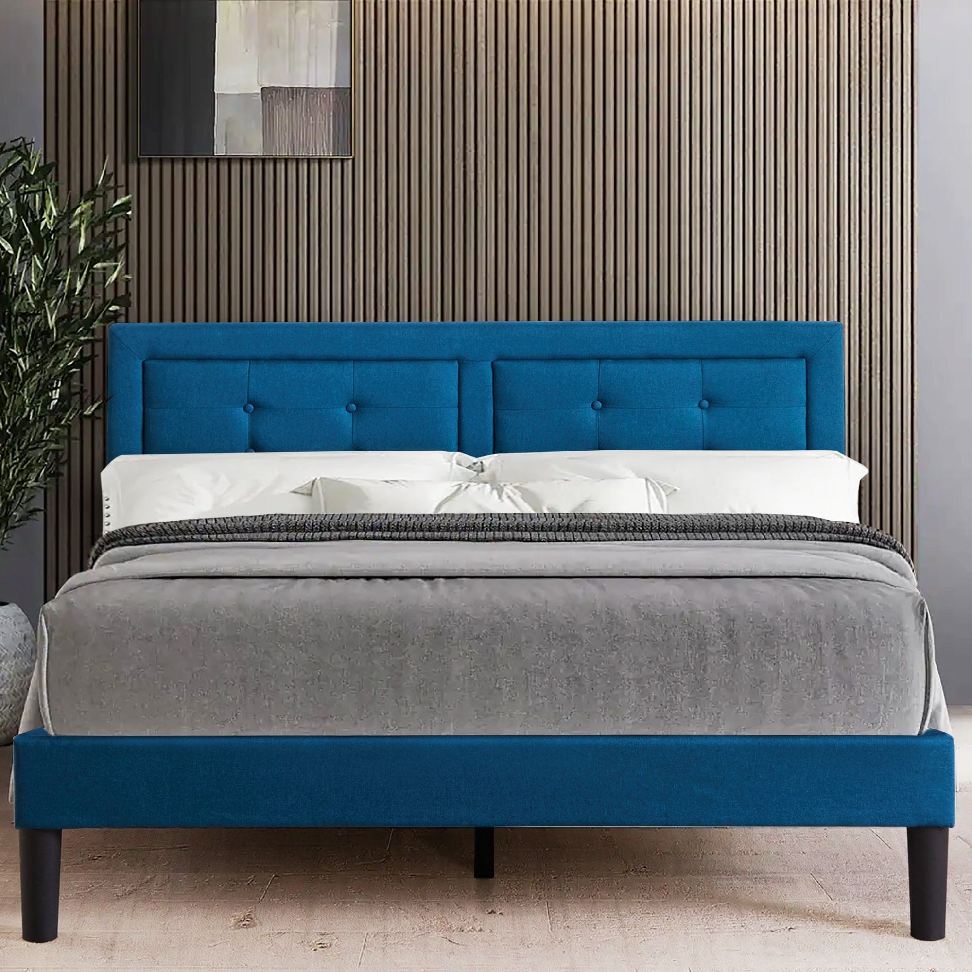 Vecelo Modern Fabric Blue Bedframe With Headboard Queen Full Twin Size