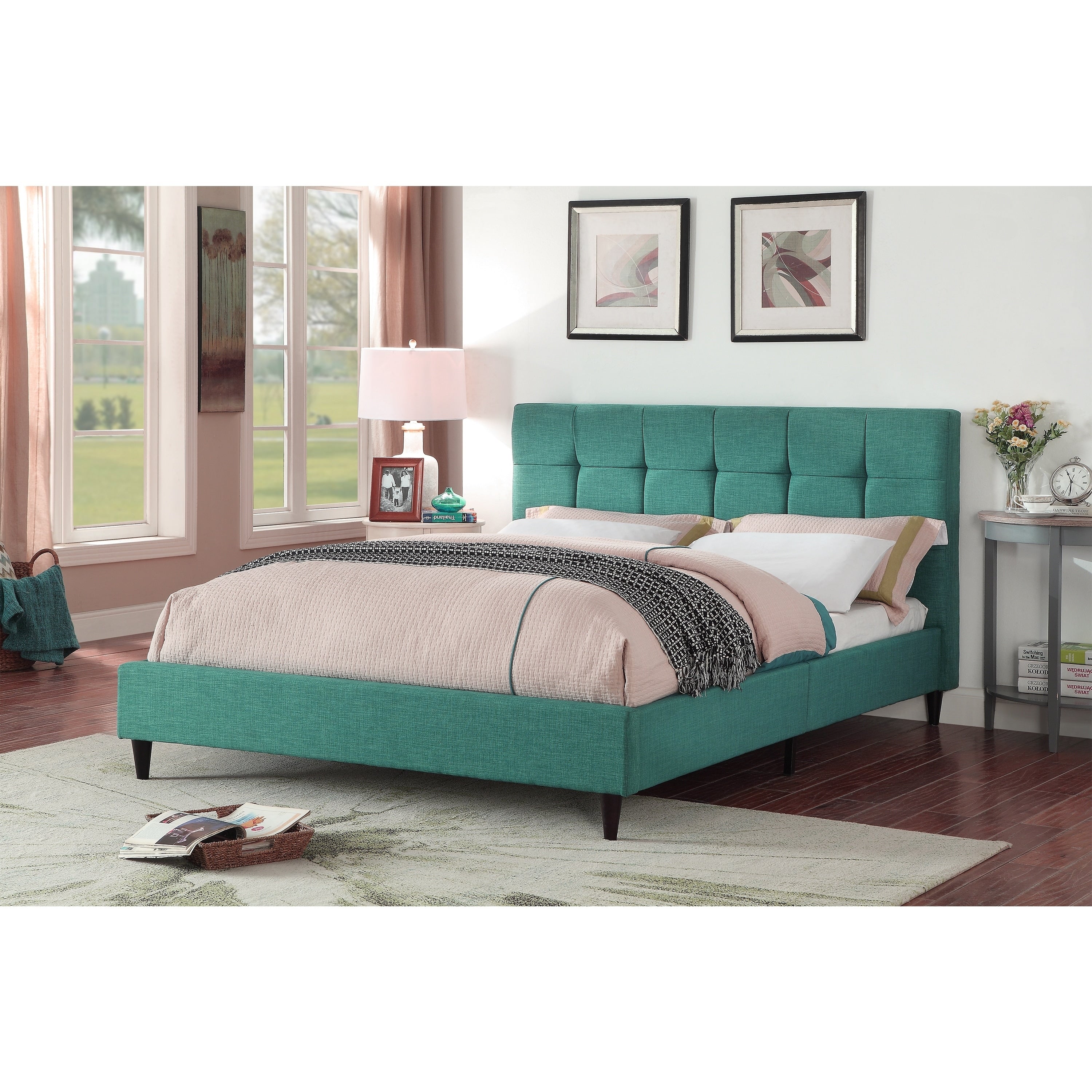 Modern Upholstered Square Stitched Platform Bed With Wooden Slats