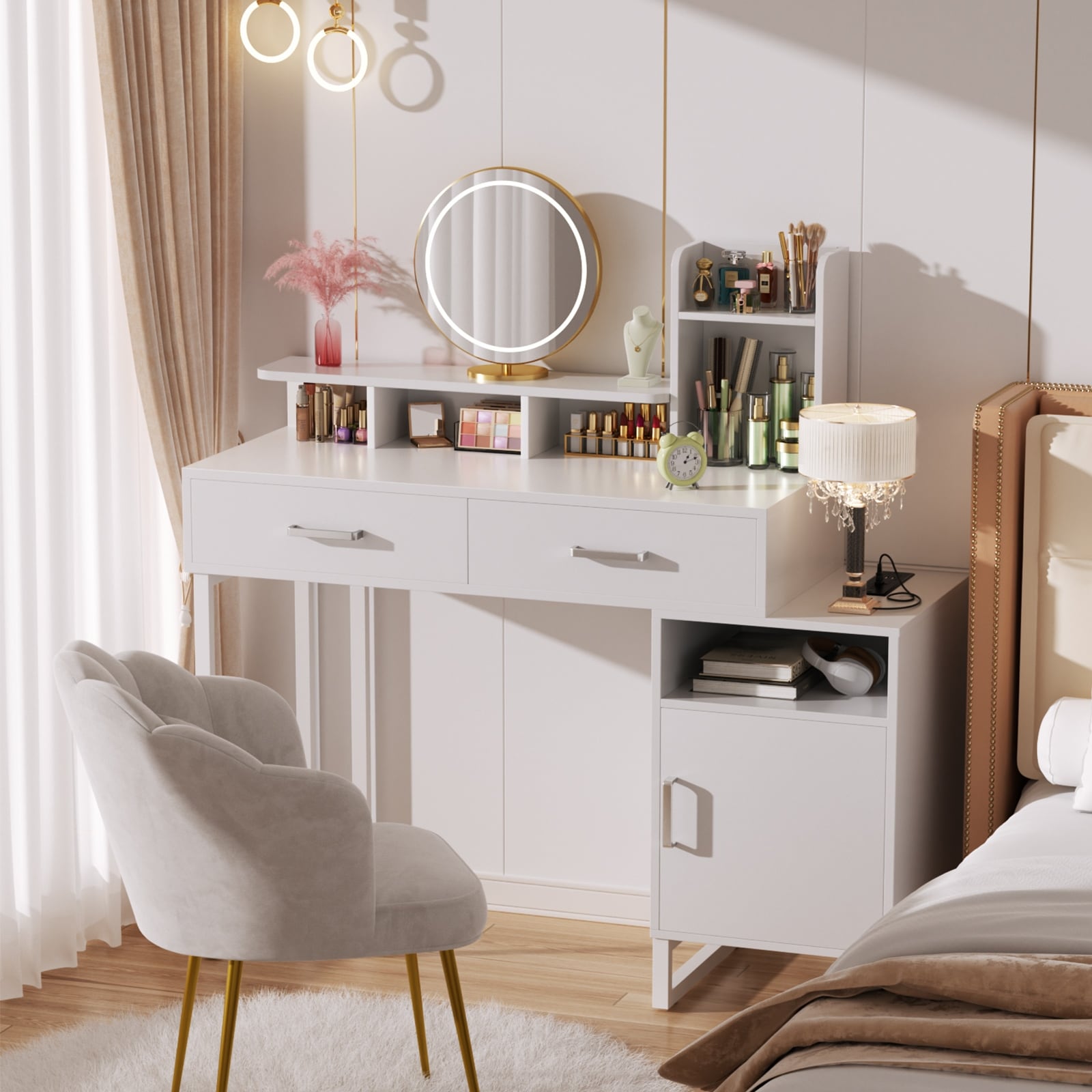Modern Vanity Desk With Charging Station And Wood Drawers Makeup Table With Storage Shelves And Cabinet