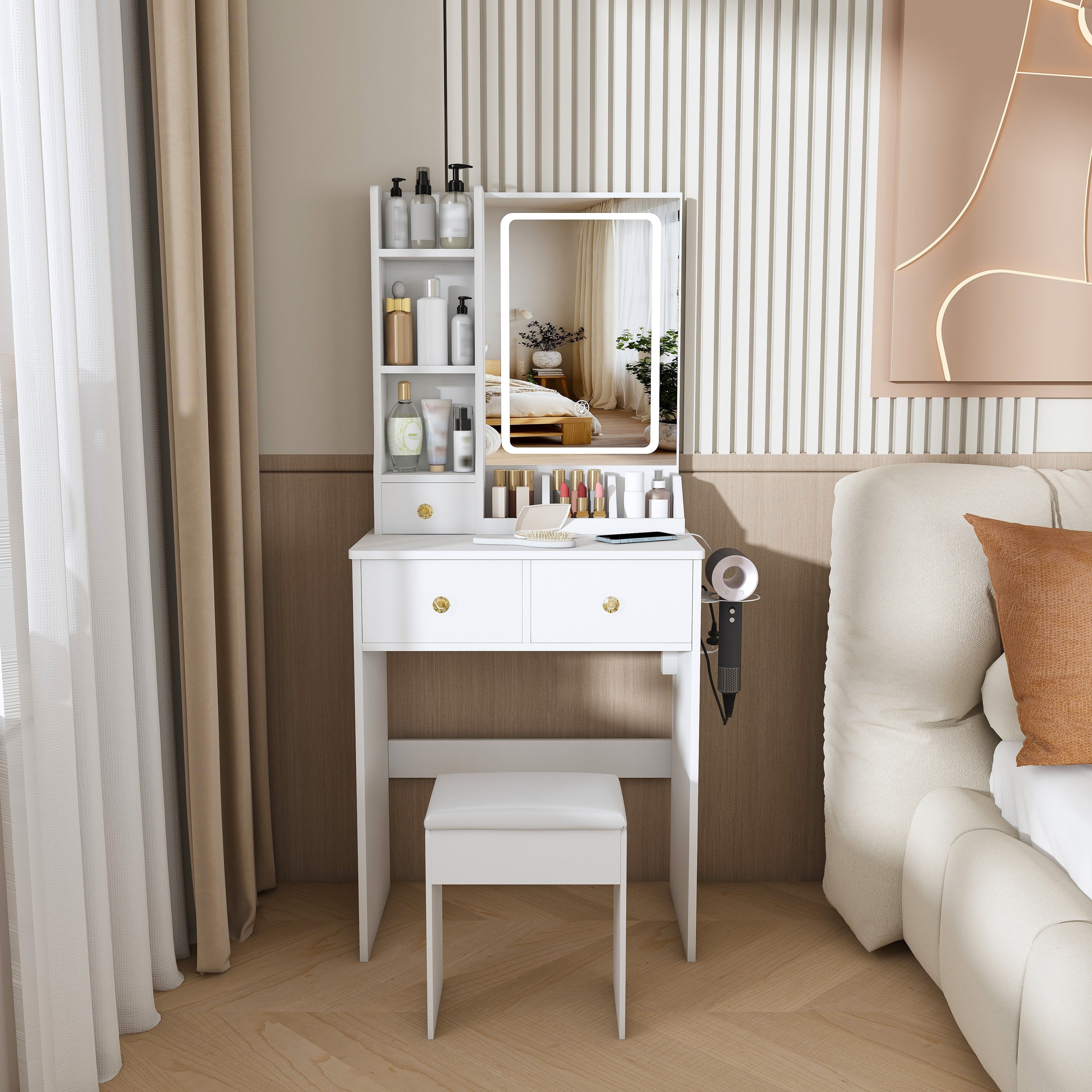 Modern Vanity Desk With 3 Led Lighting Modes 3 Drawers Open Shelves Hair Dryer Holder Power Socket And Dressing Chair