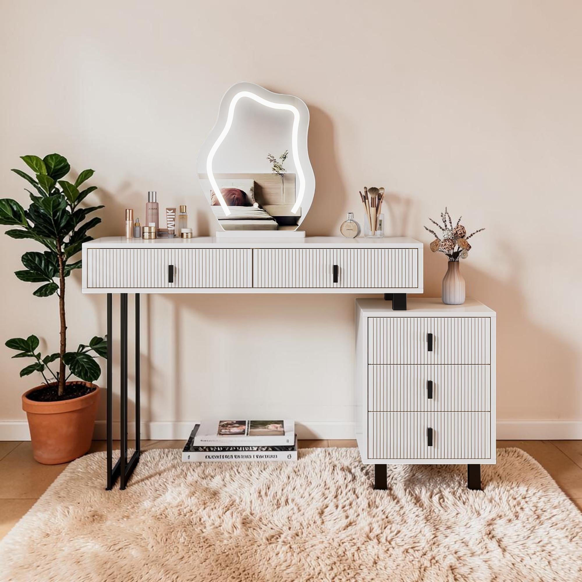 Modern Vanity Desk With Cloud Led Mirror Adjustable Makeup Table With Drawers And Side Cabinet Ribbed Design