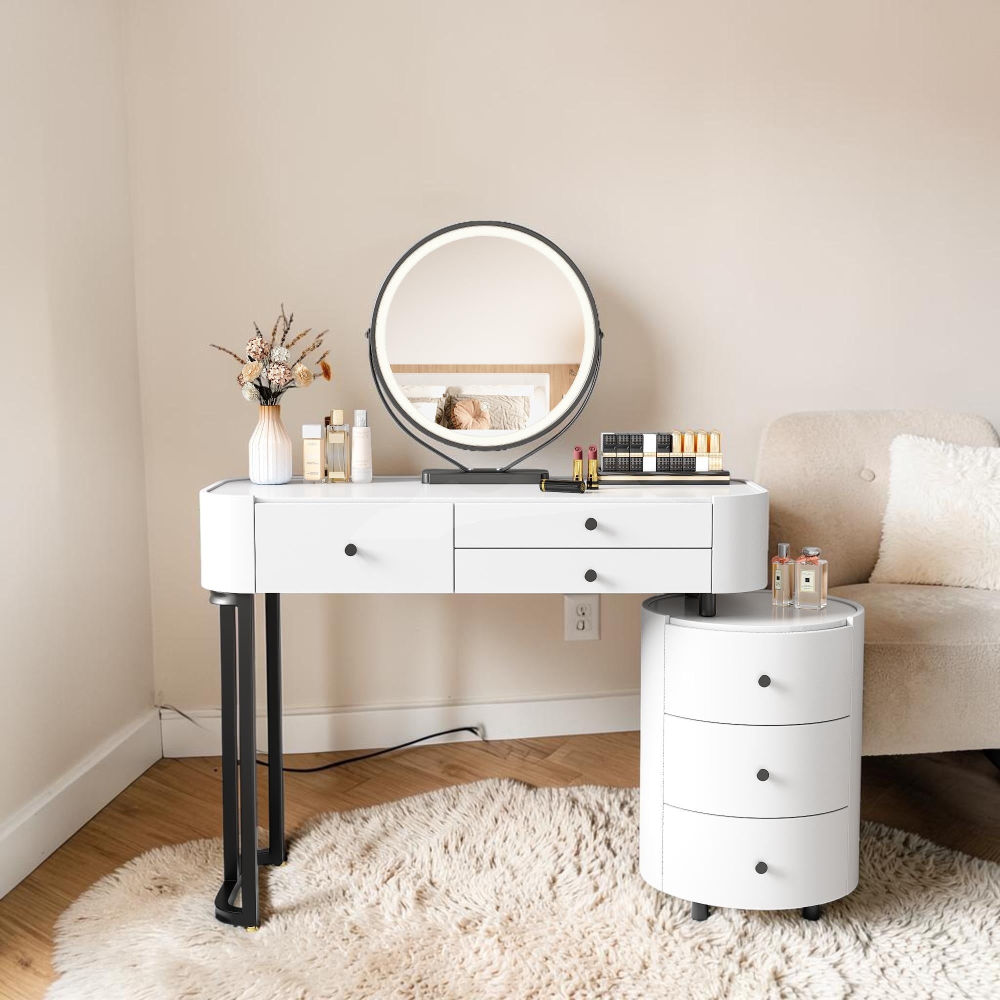 Modern Vanity Desk With Led Mirror Detachable Dressing Table With Rotatable Storage Cabinet Makeup Table With Drawers