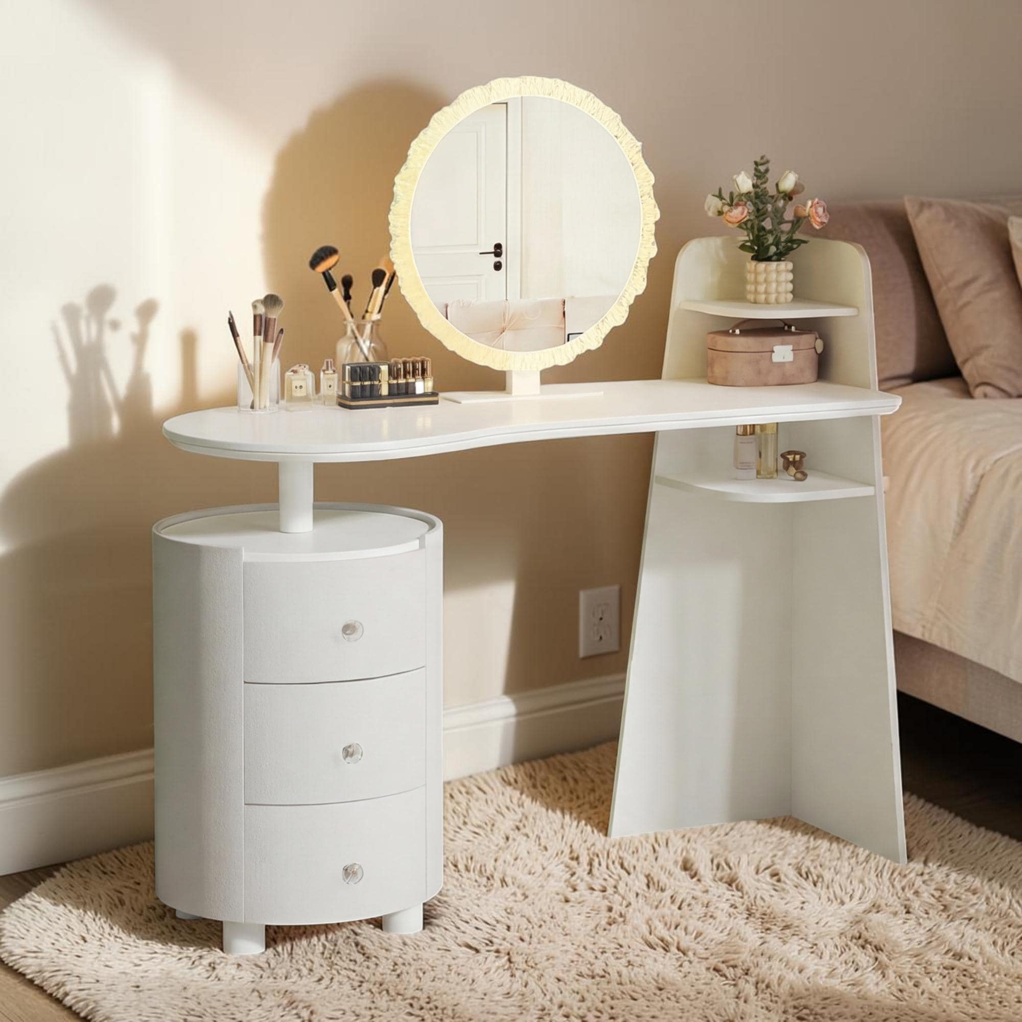 Modern Vanity Desk With Led Round Mirror Rotating Storage Cabinet Makeup Vanity Table With 3 Tier Organizer