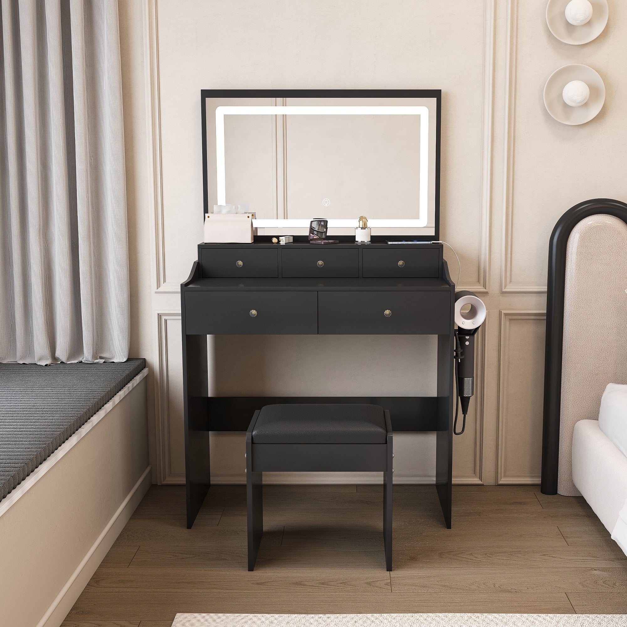 Modern Vanity Desk With Large Mirror Power Outlet Hair Dryer Holder Adjustable Lighting 5 Drawers