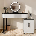 Modern Vanity Desk With Tempered Glass Top And Led Mirror Adjustable Makeup Table With Storage Cabinet