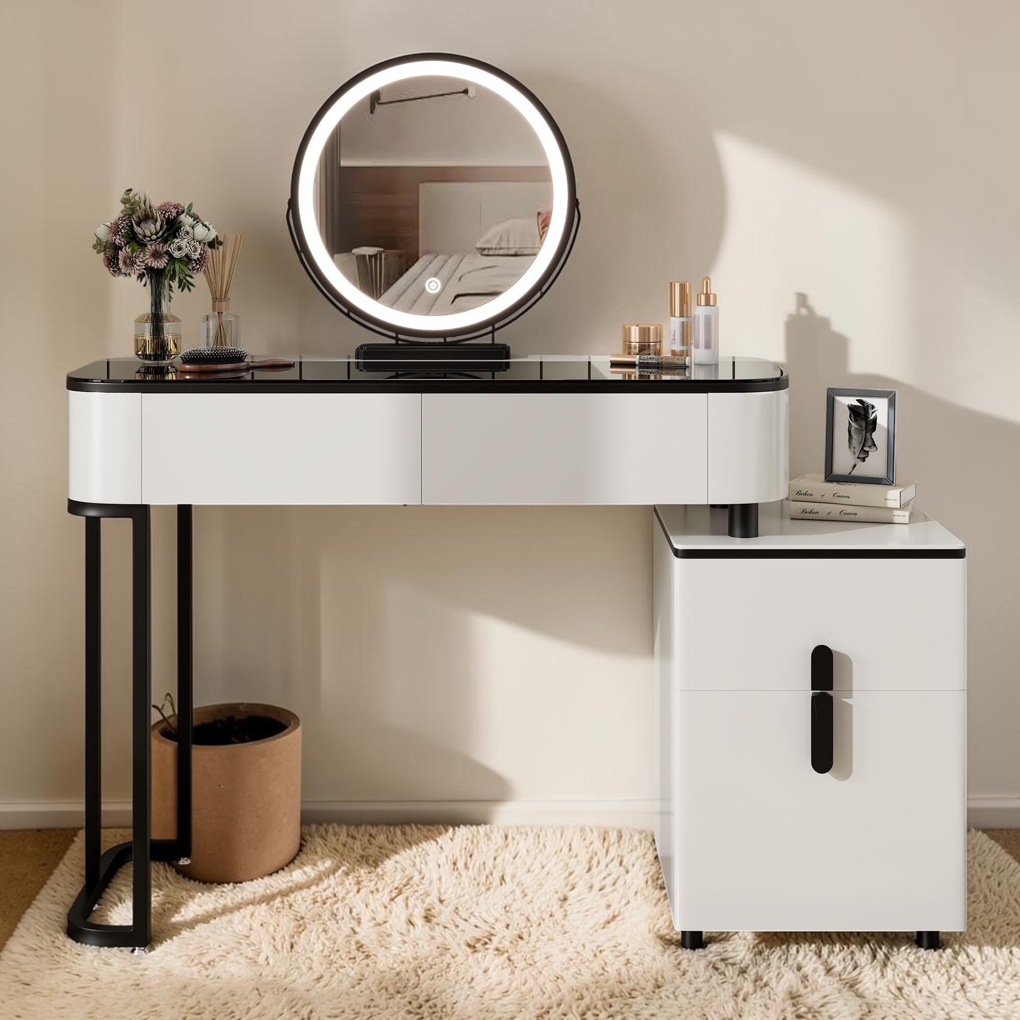 Modern Vanity Desk With Tempered Glass Top And Led Mirror Adjustable Makeup Table With Storage Cabinet