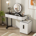 Modern Vanity Table With Tempered Glass Top Adjustable Height Legs Multi Functional Storage Cabinet And Round Mirror