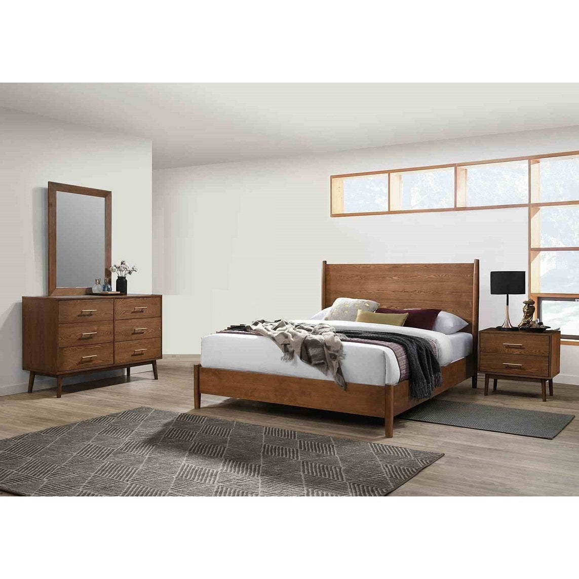 Modern Walnut Finish Solid Wood Platform Bed Nightstand Dresser Mirror Bedroom Set
