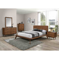 Modern Walnut Finish Wooden Bedroom Set Platform Bed Dresser Mirror Chest Nightstand