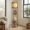 Modern Walnut Wood Floor Lamp With Leaf Pattern And Multi Tier Storage Shelves