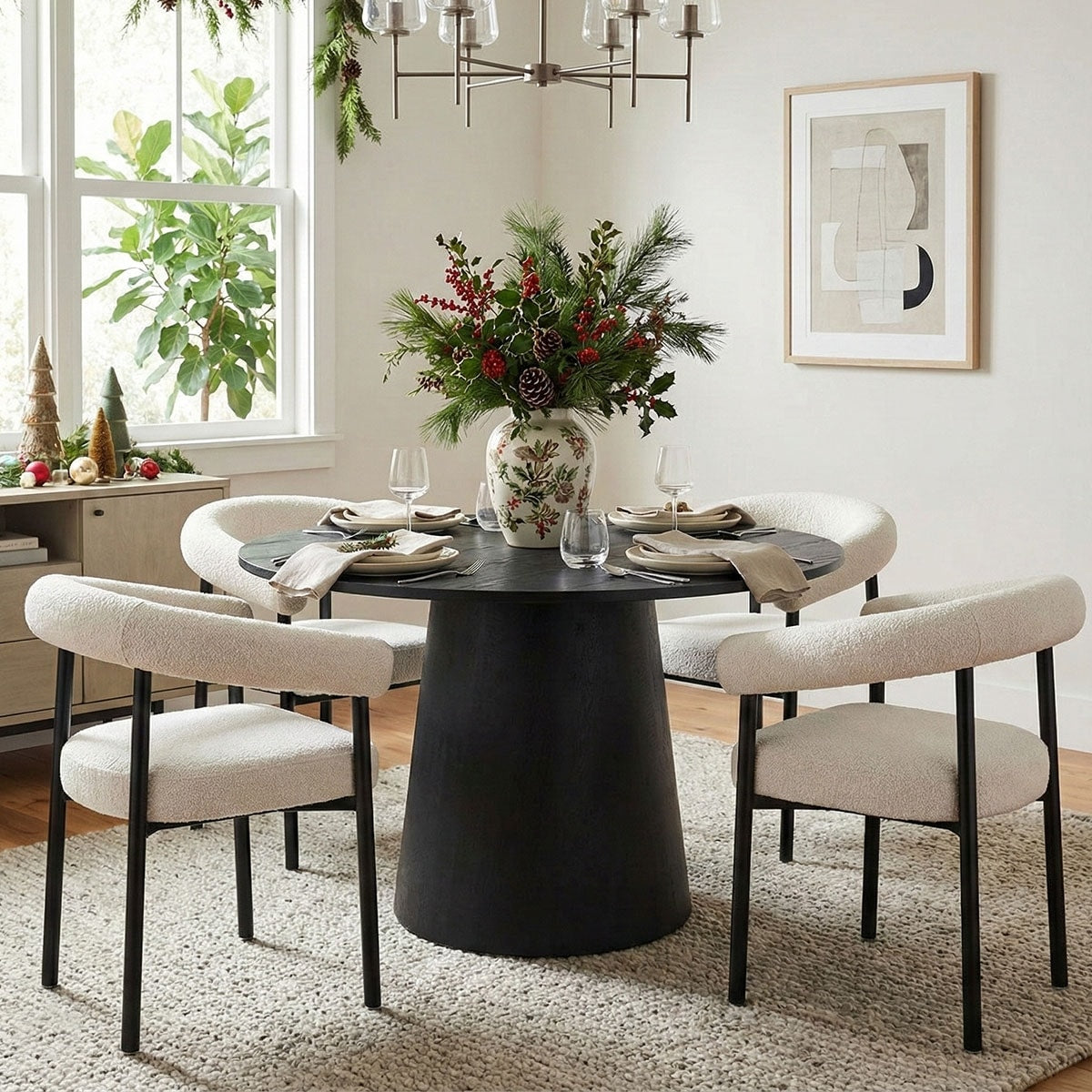 Modern White Boucl Arm Dining Chair Set Set Of 2 4 6 With Black Steel Legs