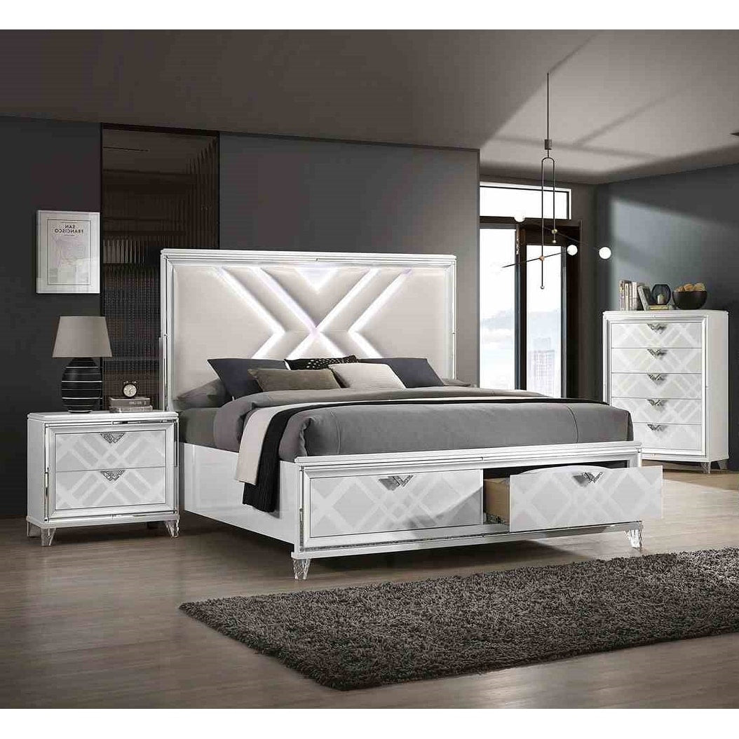 Modern White Finish Led Bed Nightstand Chest 3Pc Solid Wood Bedroom Set