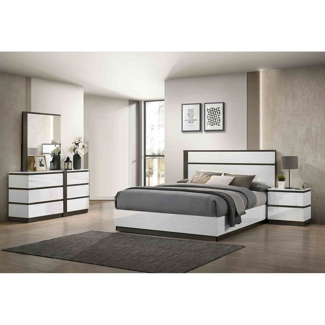 Modern White Finish Platform Bed Dresser Mirror Nightstand Solid Wood Usb Bedroom Set