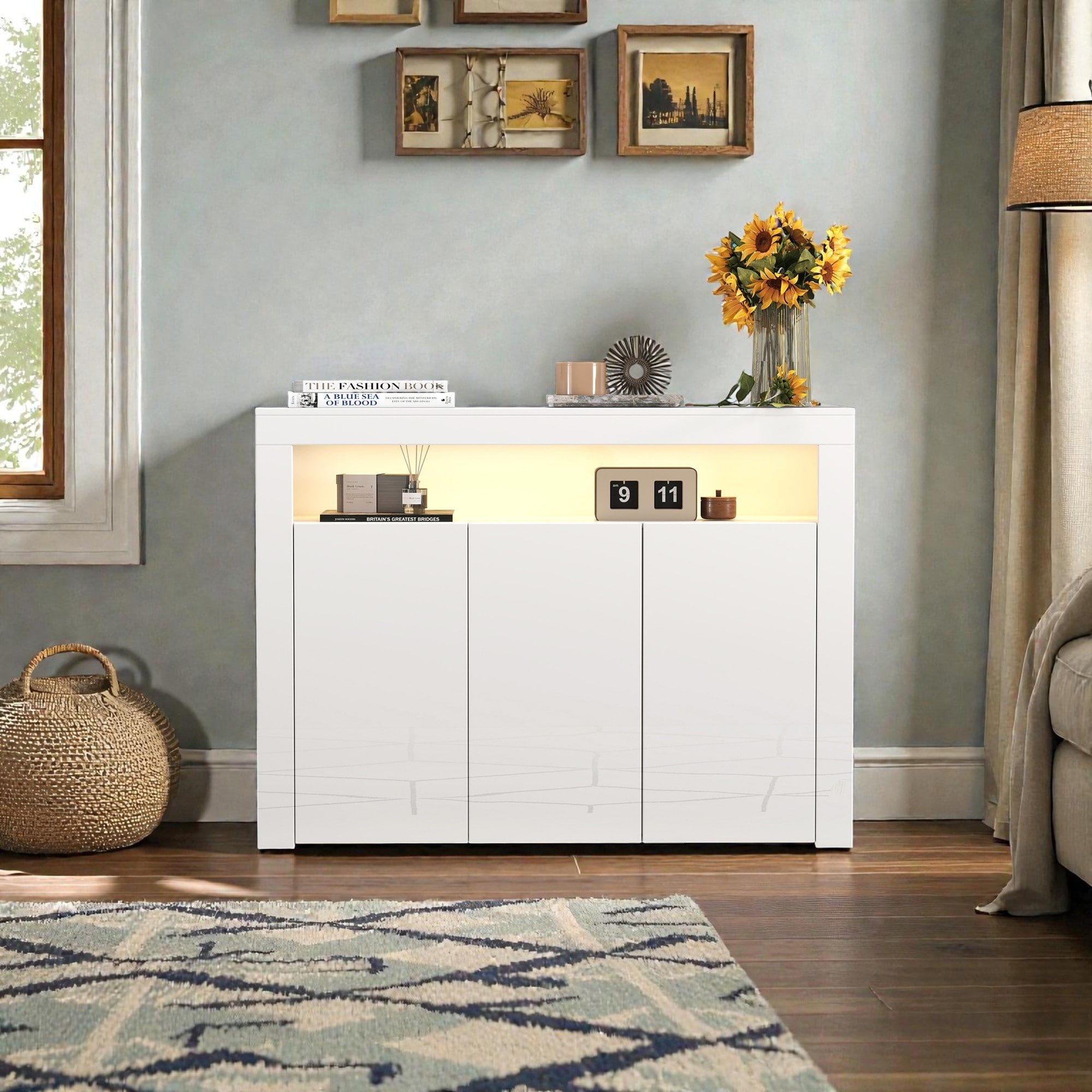 Modern White High Gloss Sideboard With Led Lights 3 Door Storage Cabinet Buffet Tv Stand For Living Room