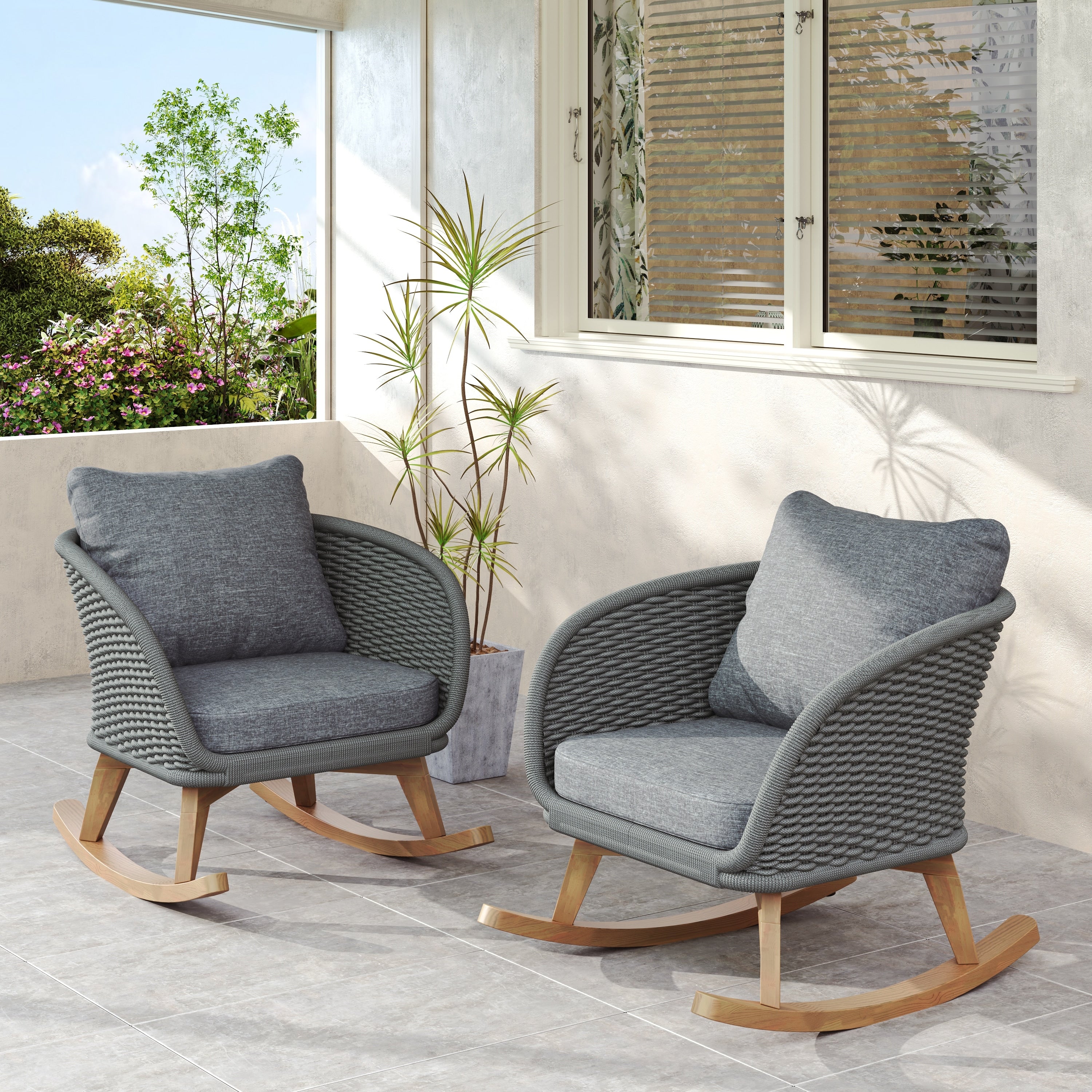 Modern Wicker Rocking Chair Set Of 2 Side Chair Accent Chair Reading Chair Beige Natural Padded Chair Arm Chair