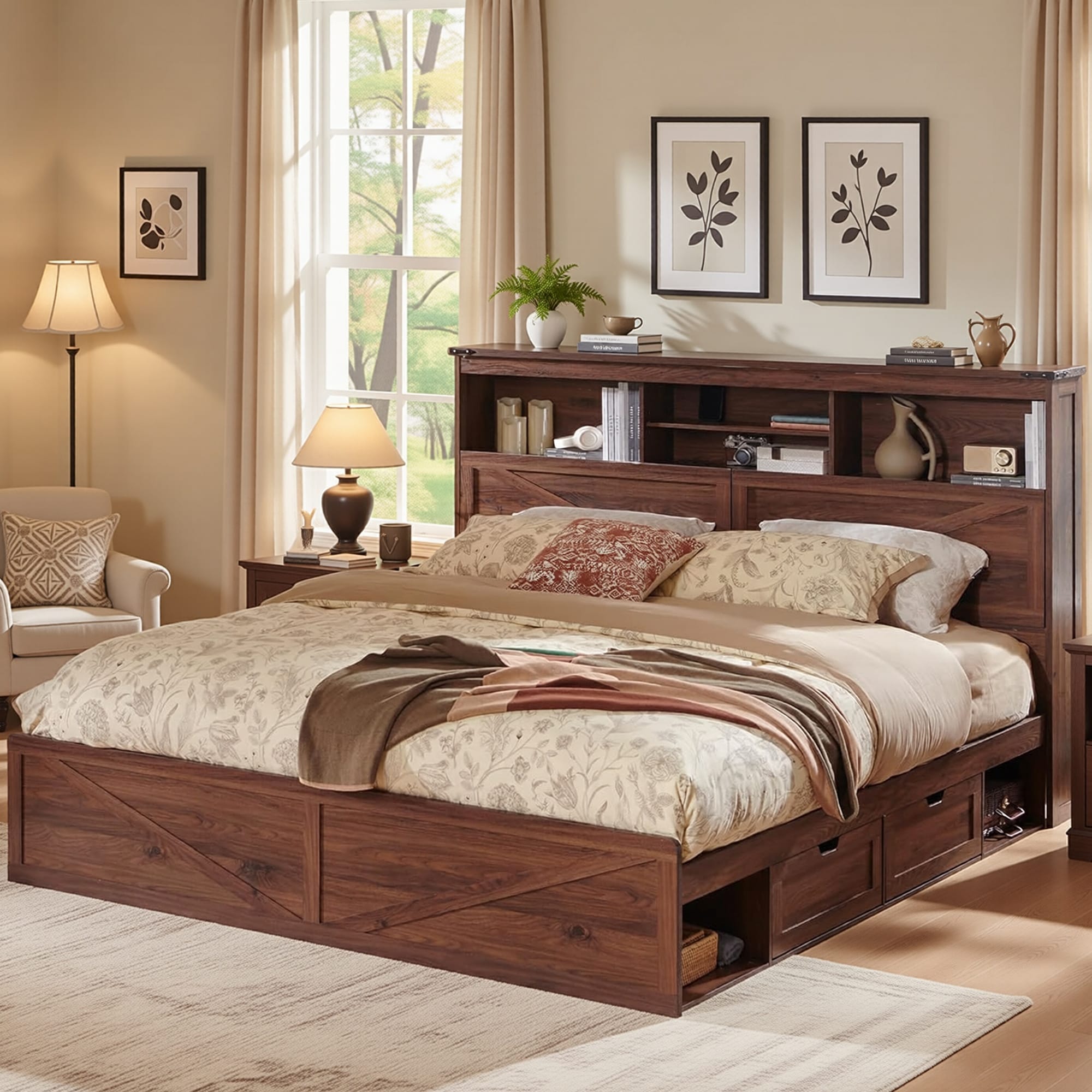 Modern Wood Bed Frame With Charging Station Storage Headboard Drawer