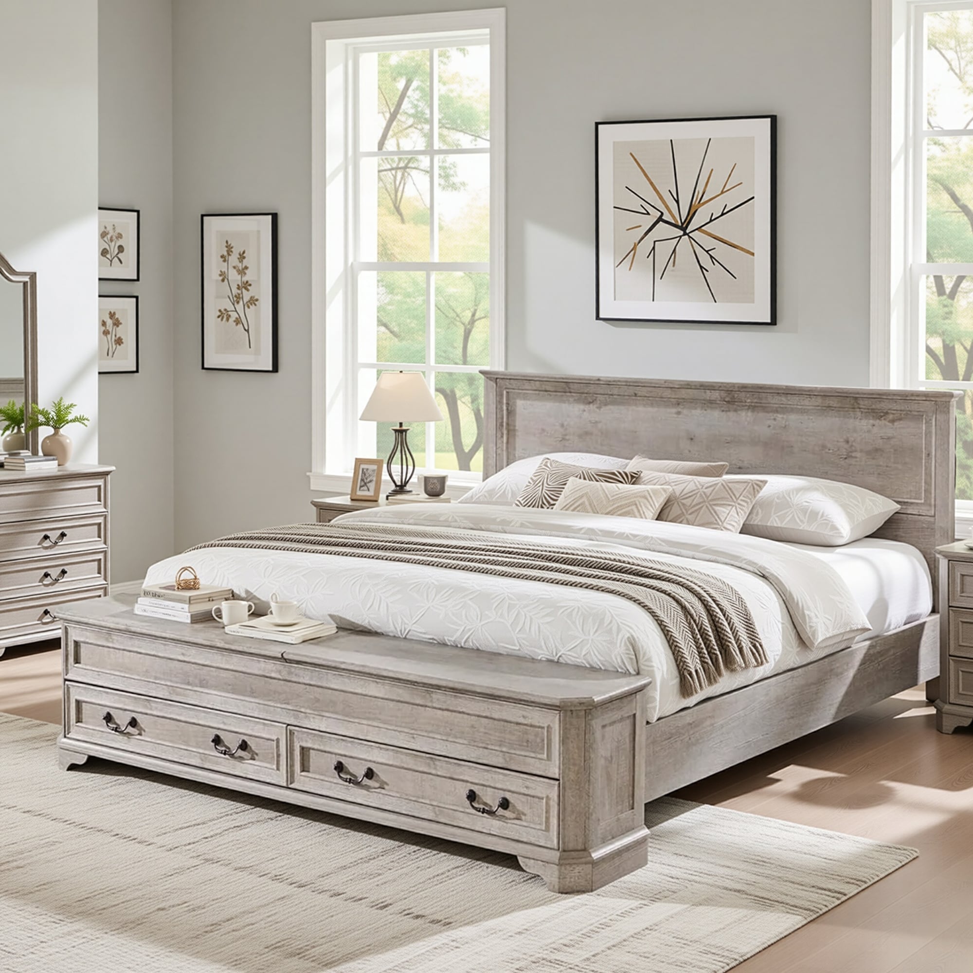 Modern Wood Bed Frame With Headboard Storage Bench Platform Bed
