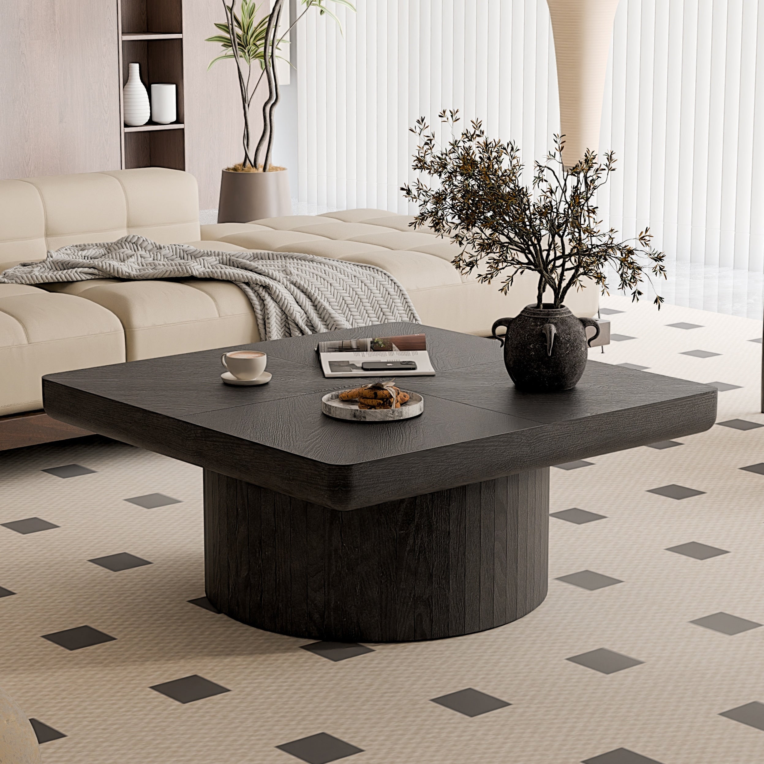 Modern Wood Coffee Table With Cylindrical Fluted Pedestal