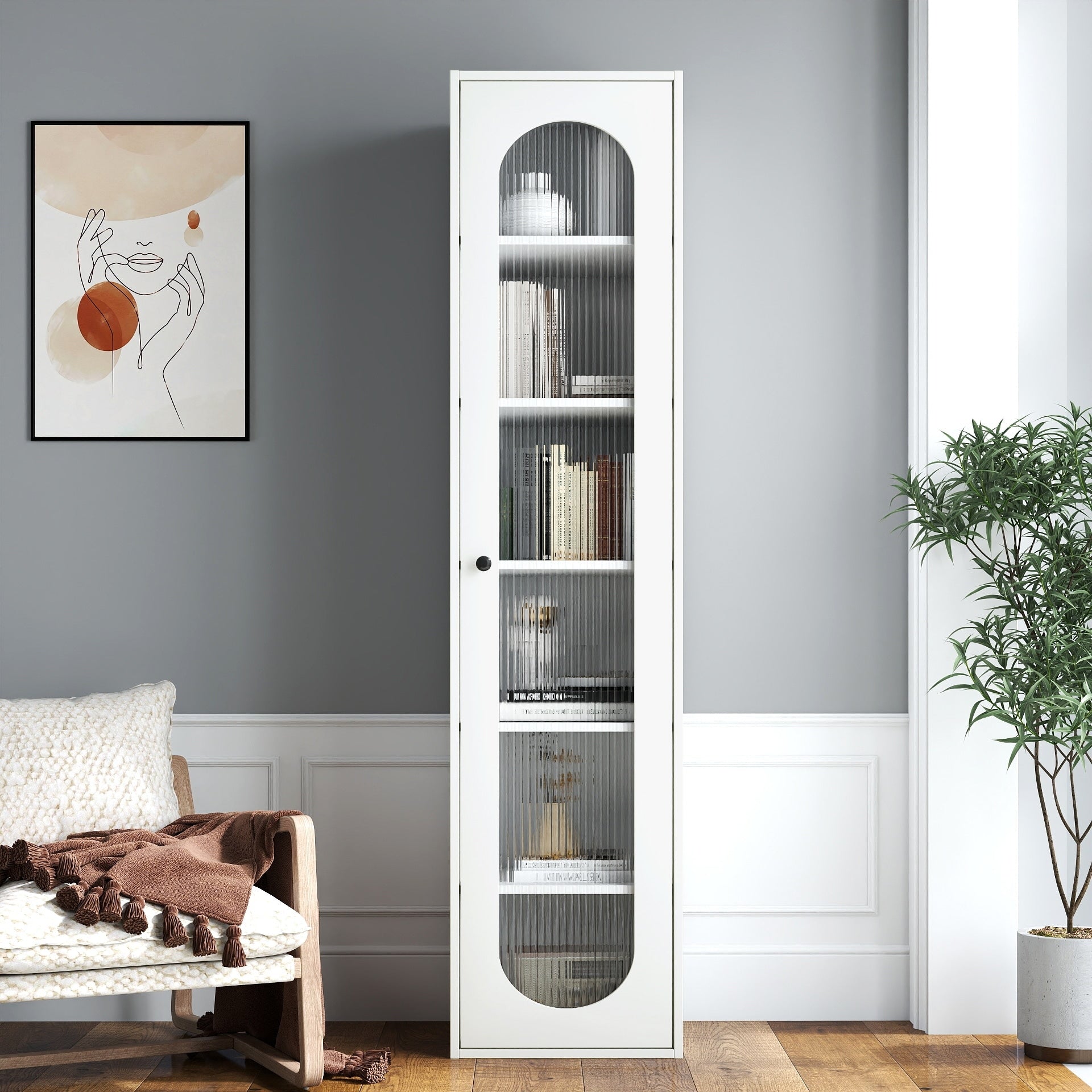 Modern Wood Display Cabinet With Glass Door And 6 Storage Shelves White By Gdfstudio