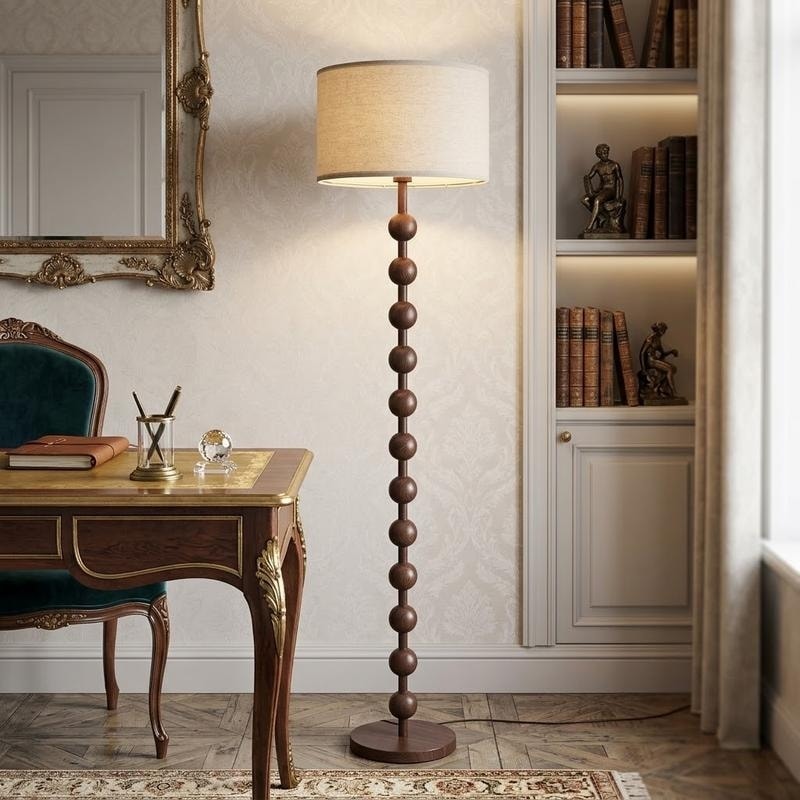 Modern Wood Grain Metal Floor Lamp With Linen Shade