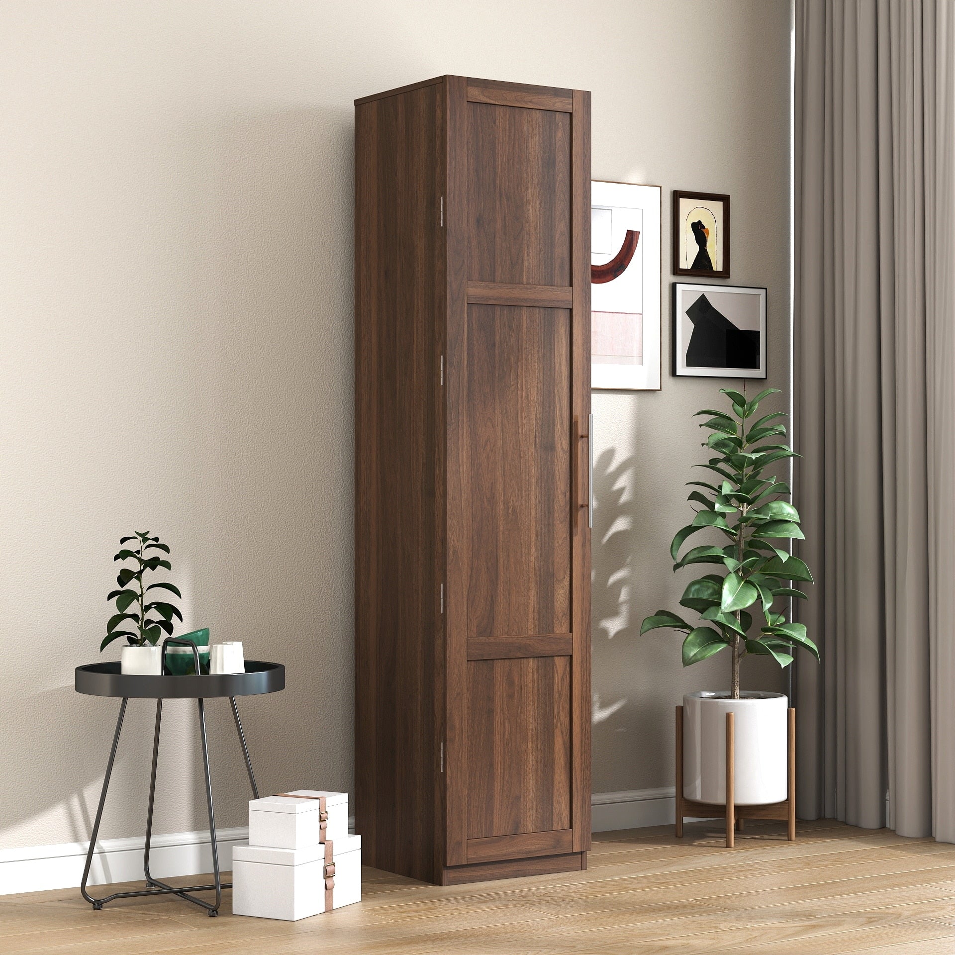 Modern Wood Kitchen Pantry Cabinet With Adjustable Shelves And Side Storage Racks Walnut By Gdfstudio