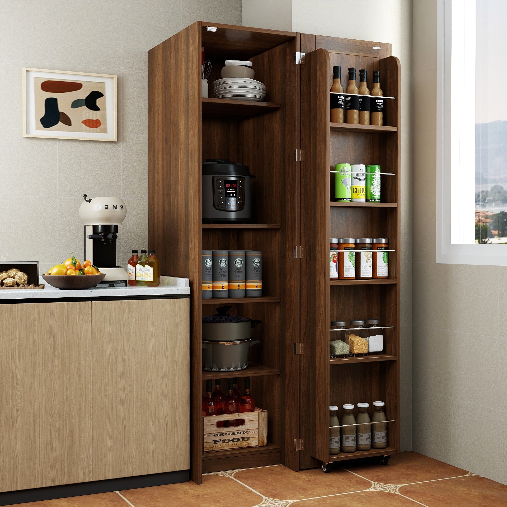 Modern Wood Kitchen Pantry Cabinet With Adjustable Shelves And Side Storage Racks By Gdfstudio