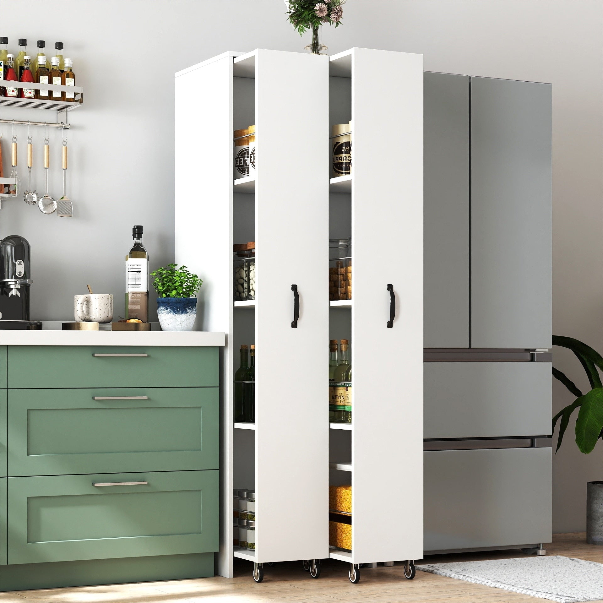 Modern Wood Rolling Bookcase With Slide Out Hidden Storage And Wheels White By Gdfstudio