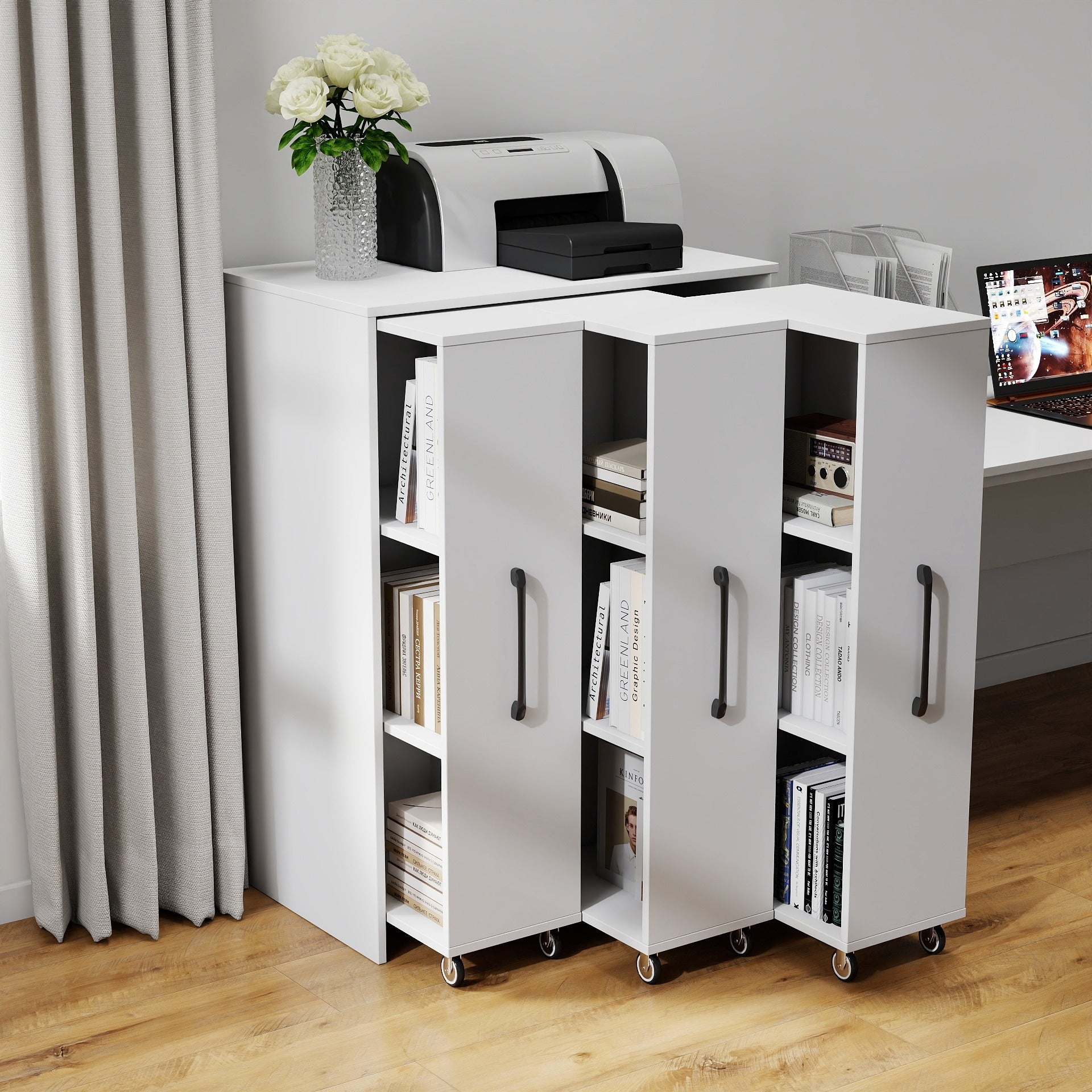 Modern Wood Storage Bookcase With Pull Out Shelving Doors And Wheels White By Gdfstudio