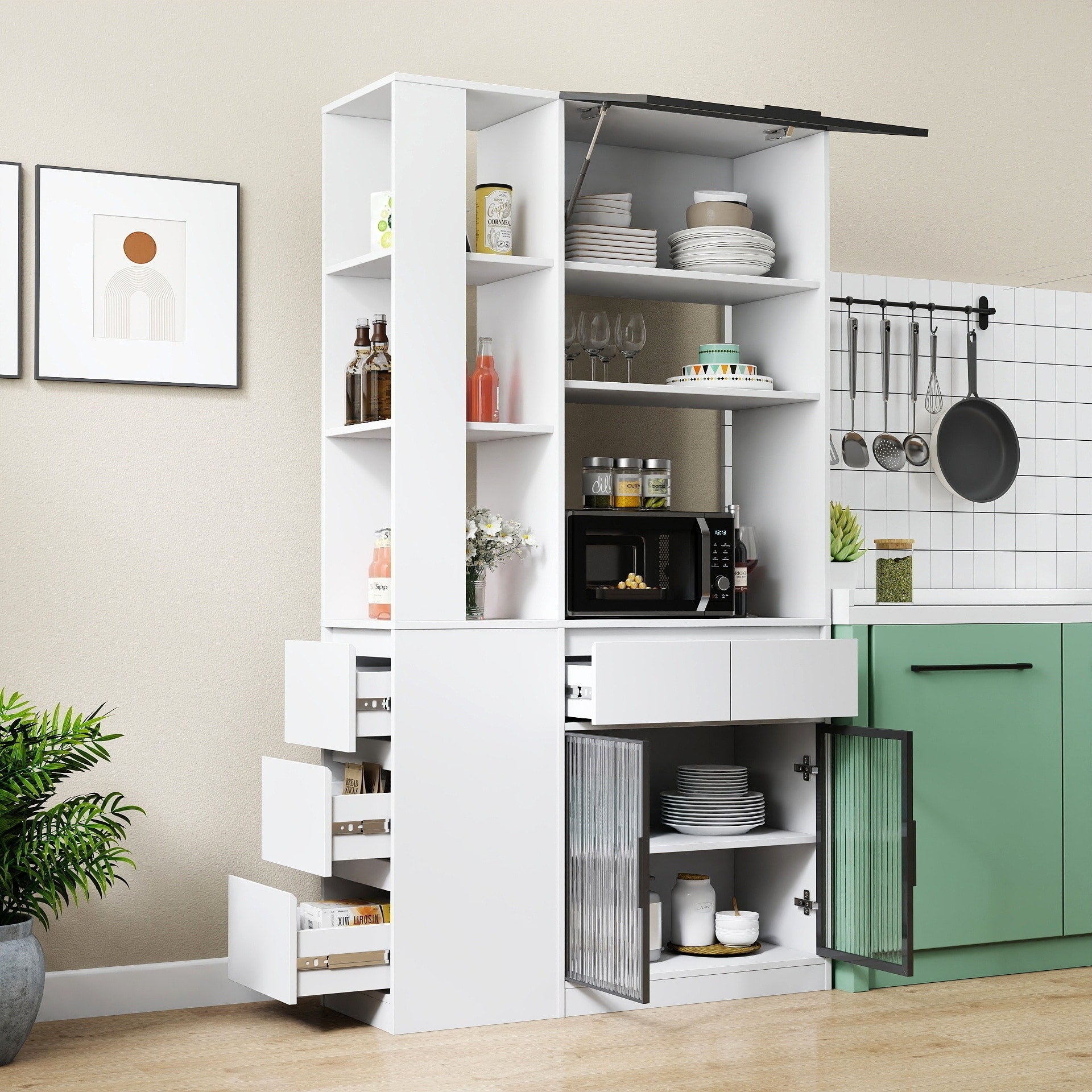 Modern Wood Storage Cabinet With Glass Doors And 5 Drawers By Gdfstudio