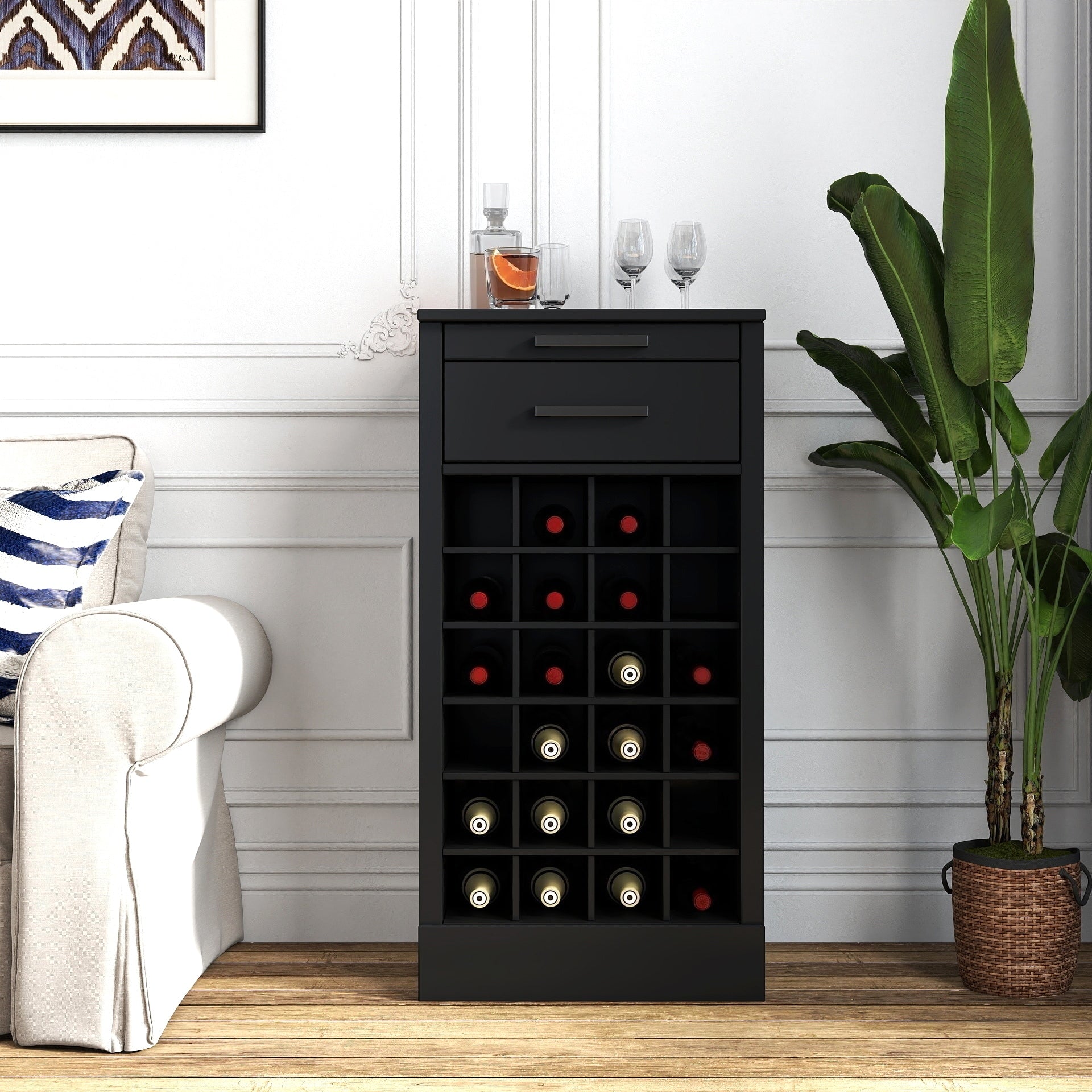 Modern Wood Wine Bar Cabinet With 28 Bottle Storage Black By Gdfstudio