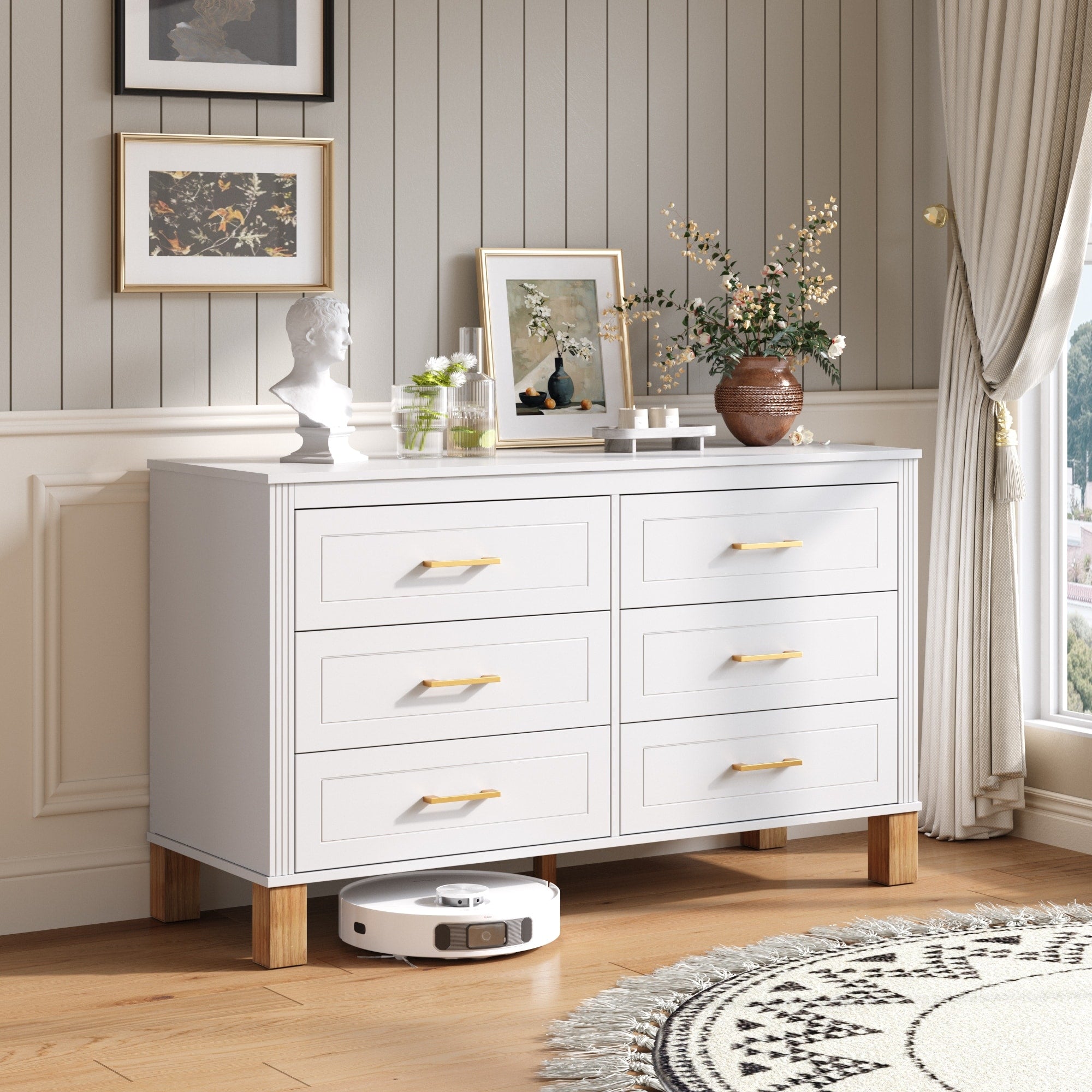 Modern Wooden 6 Drawer Storage Dresser With Metal Handles And Solid Wood Legs By Gdfstudio