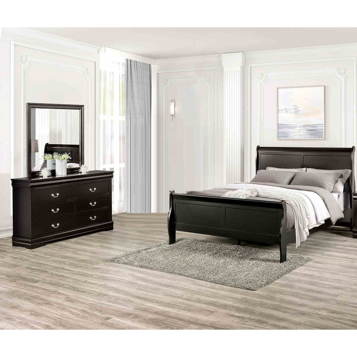 Modern Wooden Bedroom Set 3Pc Black Finish Bracket Feet