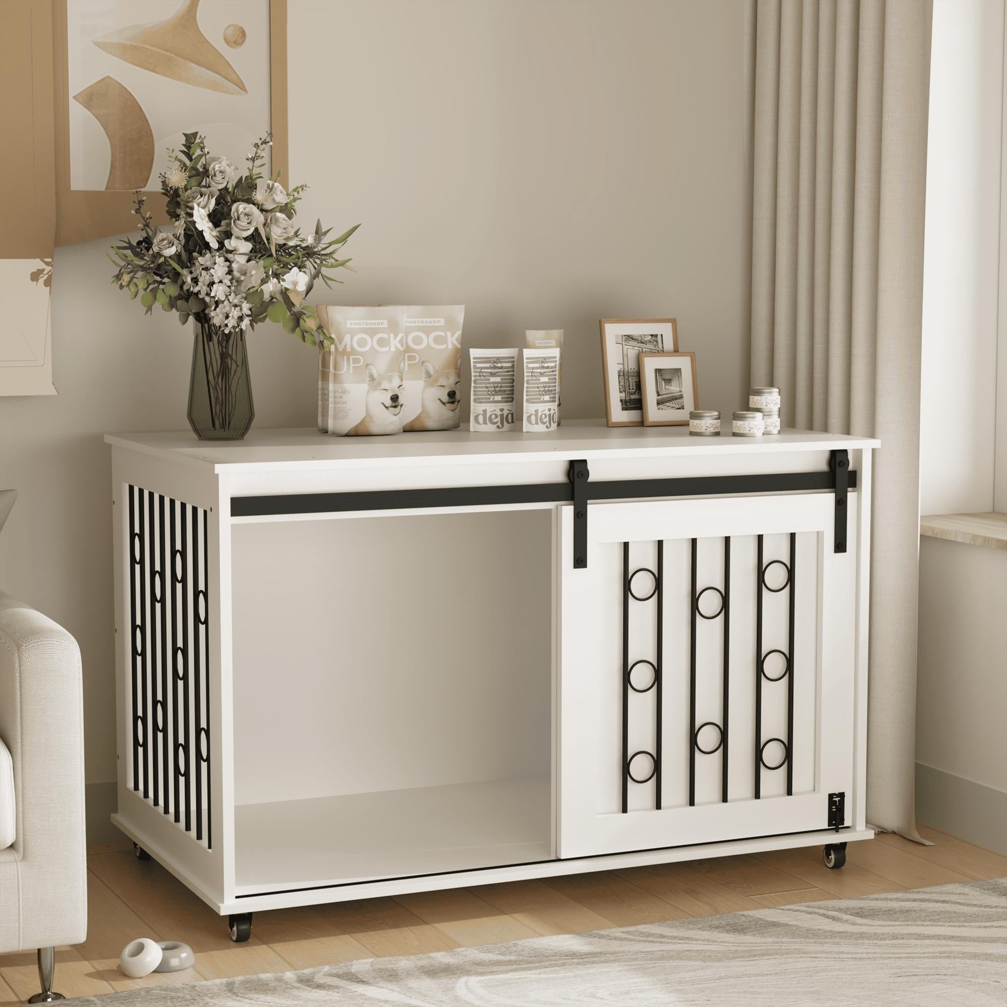 Modern Wooden Dog Crate Furniture With Sliding Barn Door And Side Door