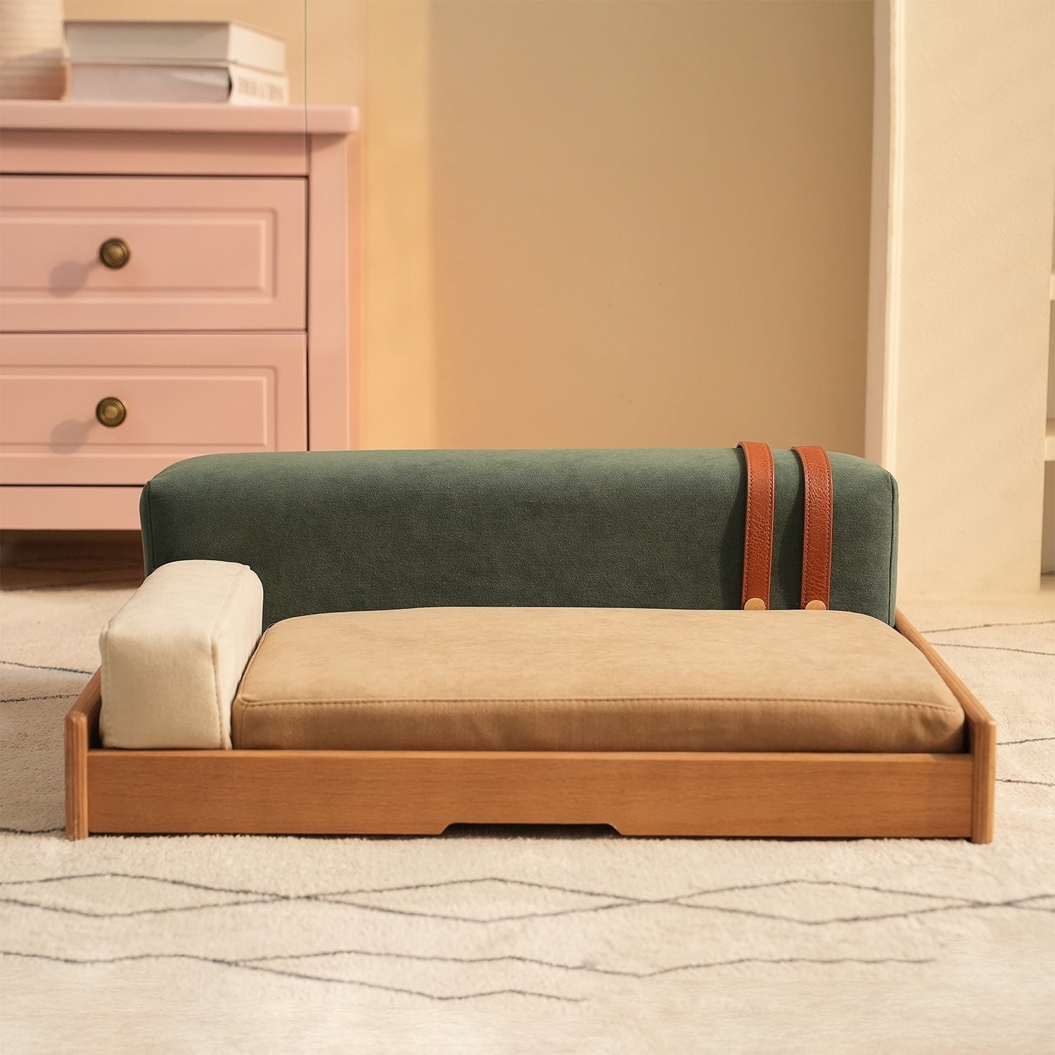 Modern Wooden Pet Bed For Cats Dogs Oak Veneer Scratch Resistant Fabric Removable Cushion