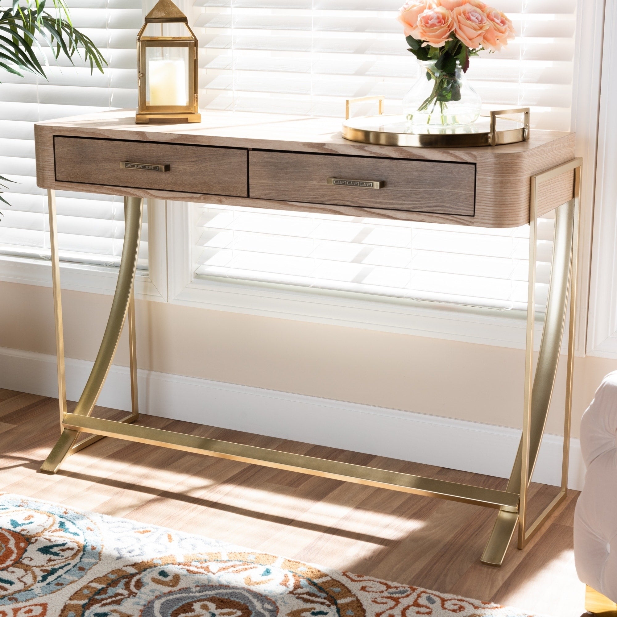 Modern And Contemporary Natural Brown 2 Drawer Console Table