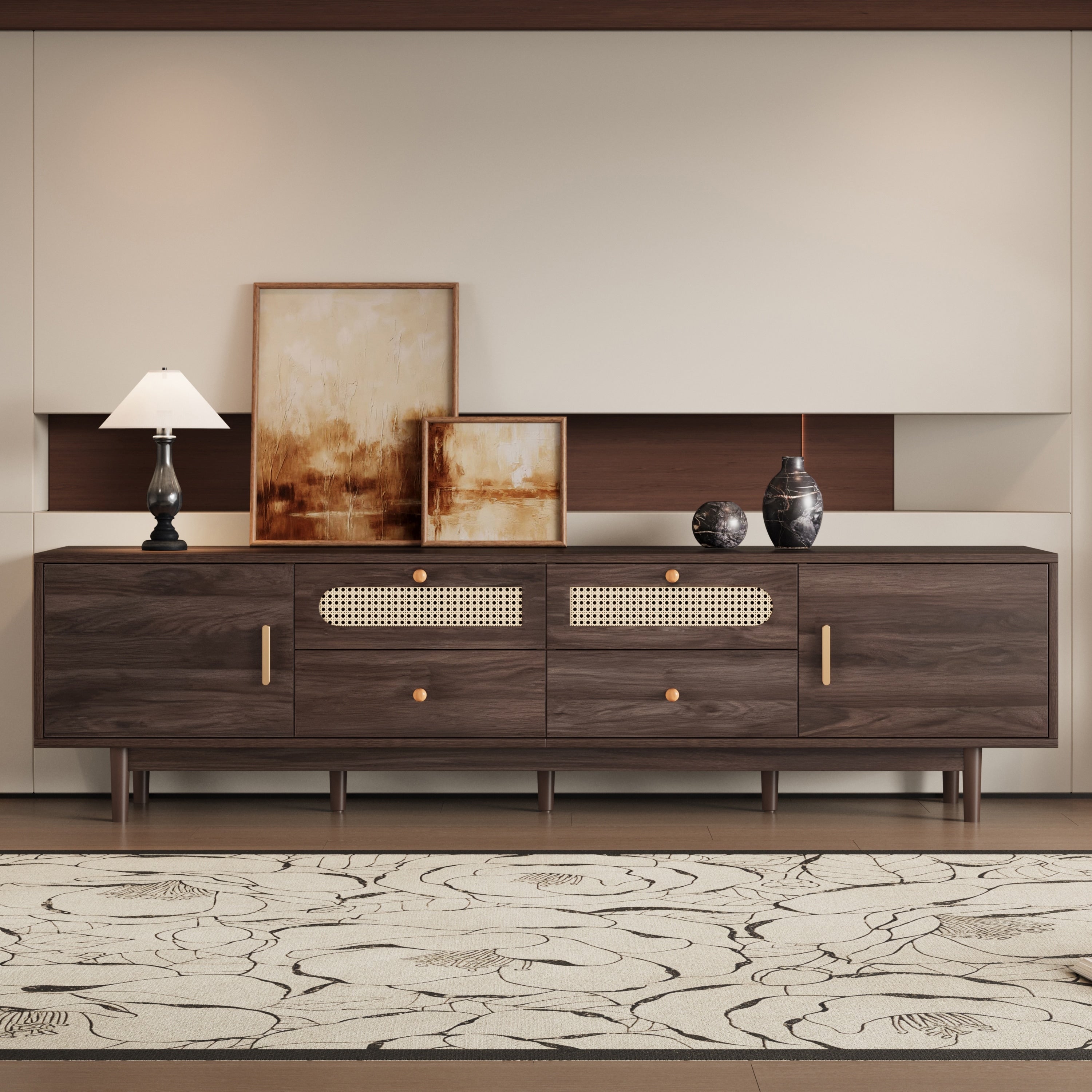 Modern76 Inch Tv Stand With Rattan Doors And Storage For Large Tvs