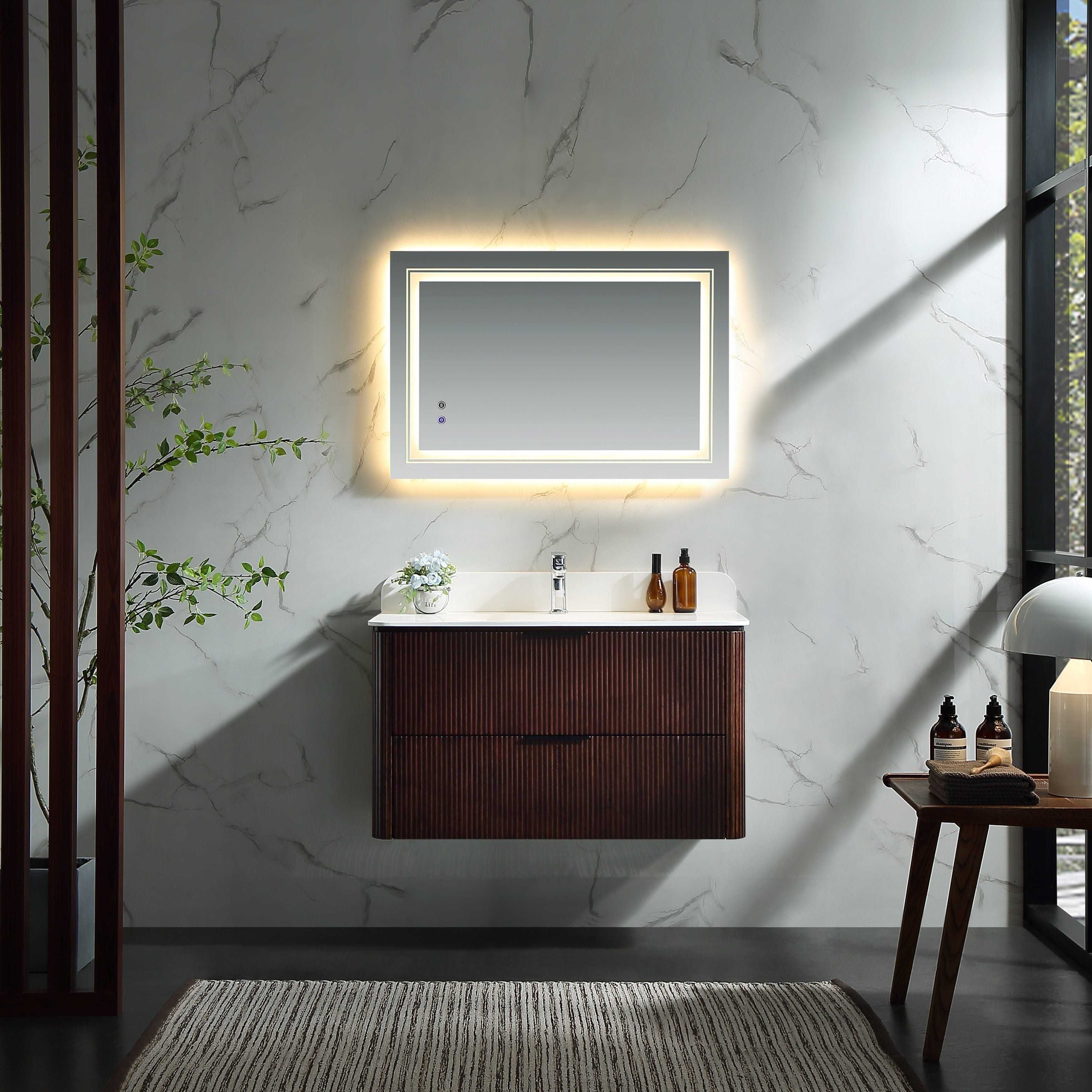 Modland 36 Wall Mounted Bathroom Vanity With Single Sink Solid Wood And Soft Close Drawers In Walnut Or Black