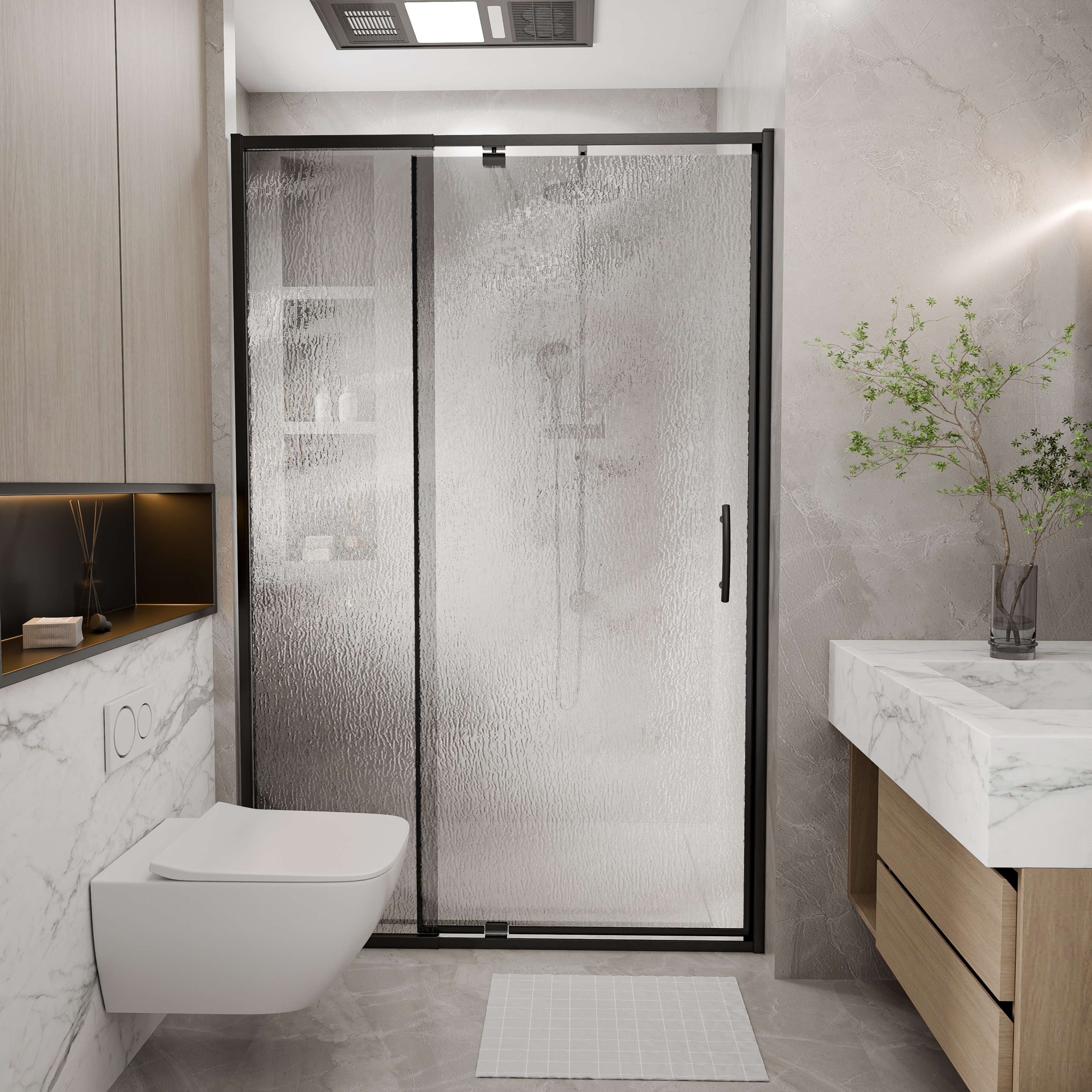 Modland 42 In. W X 71 In. H Pivot Swing Framed Shower Door With Reversible Installation In Black Rain Glass And Brushed Gold