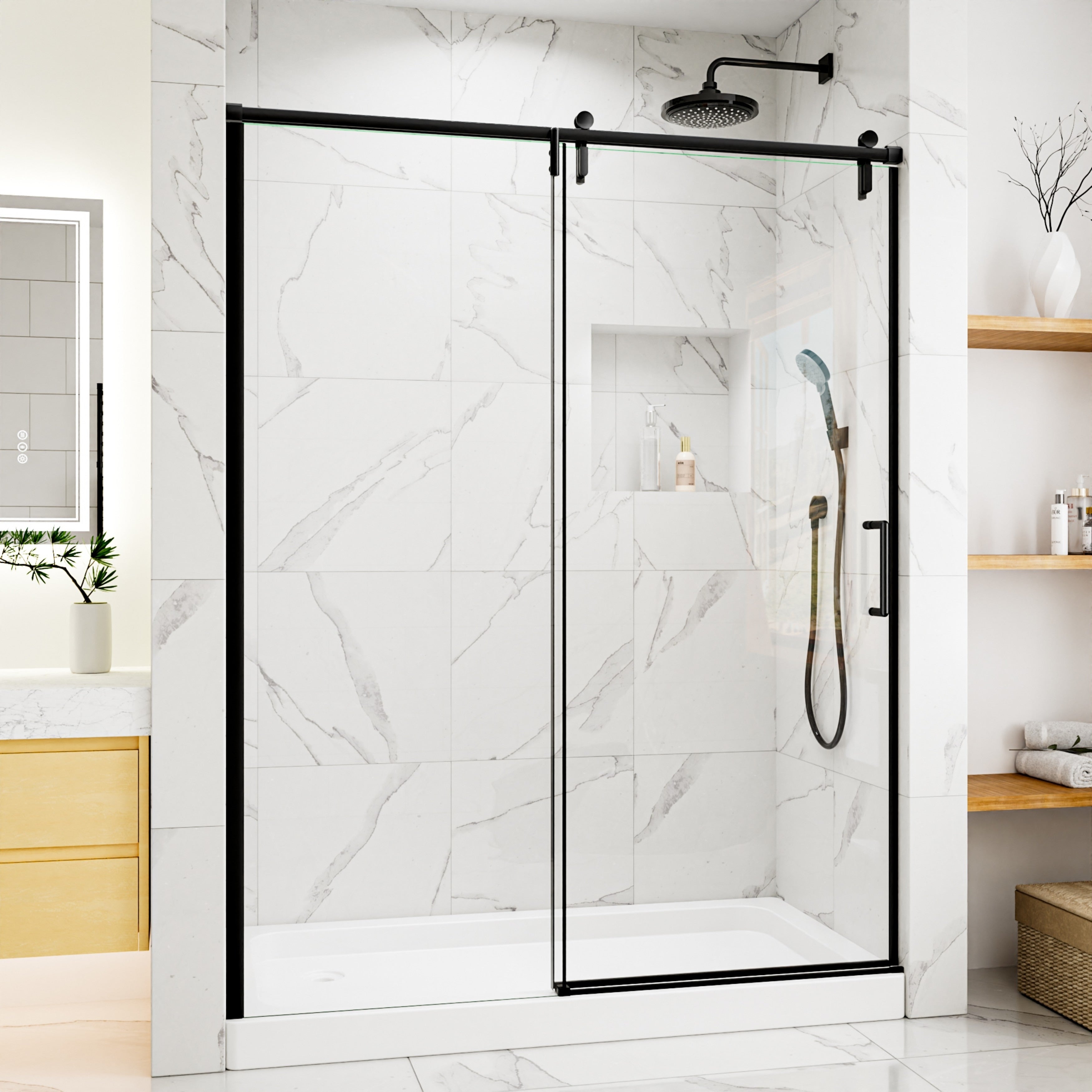 Modland 48 60 In. W X 76 In. H Semi Frameless Sliding Shower Door With 1 4 In. Clear Tempered Glass And Soft Close Design