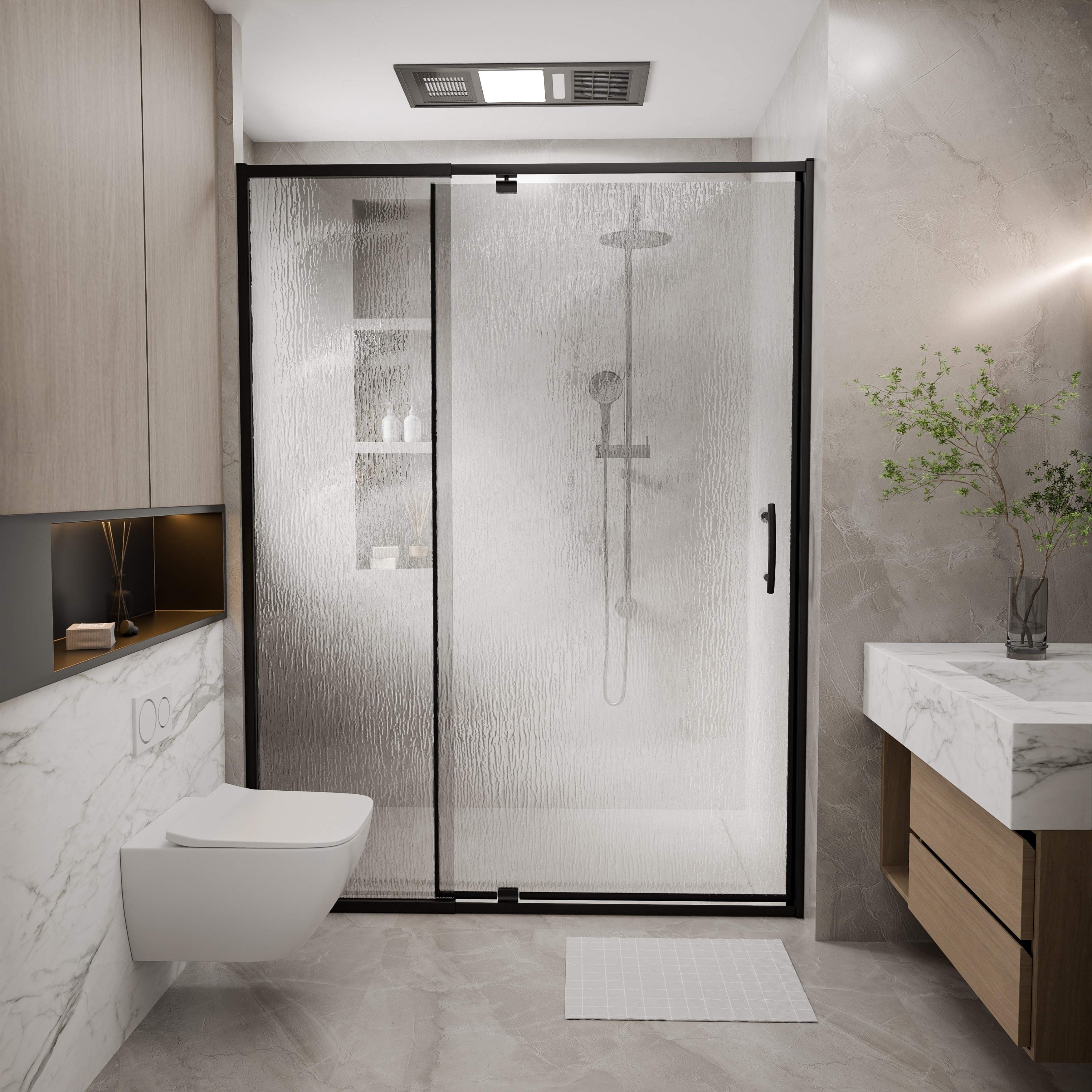 Modland 48 In. W X 71 In. H Framed Pivot Swing Shower Door With Reversible Installation In Black Rain Glass And Brushed Gold