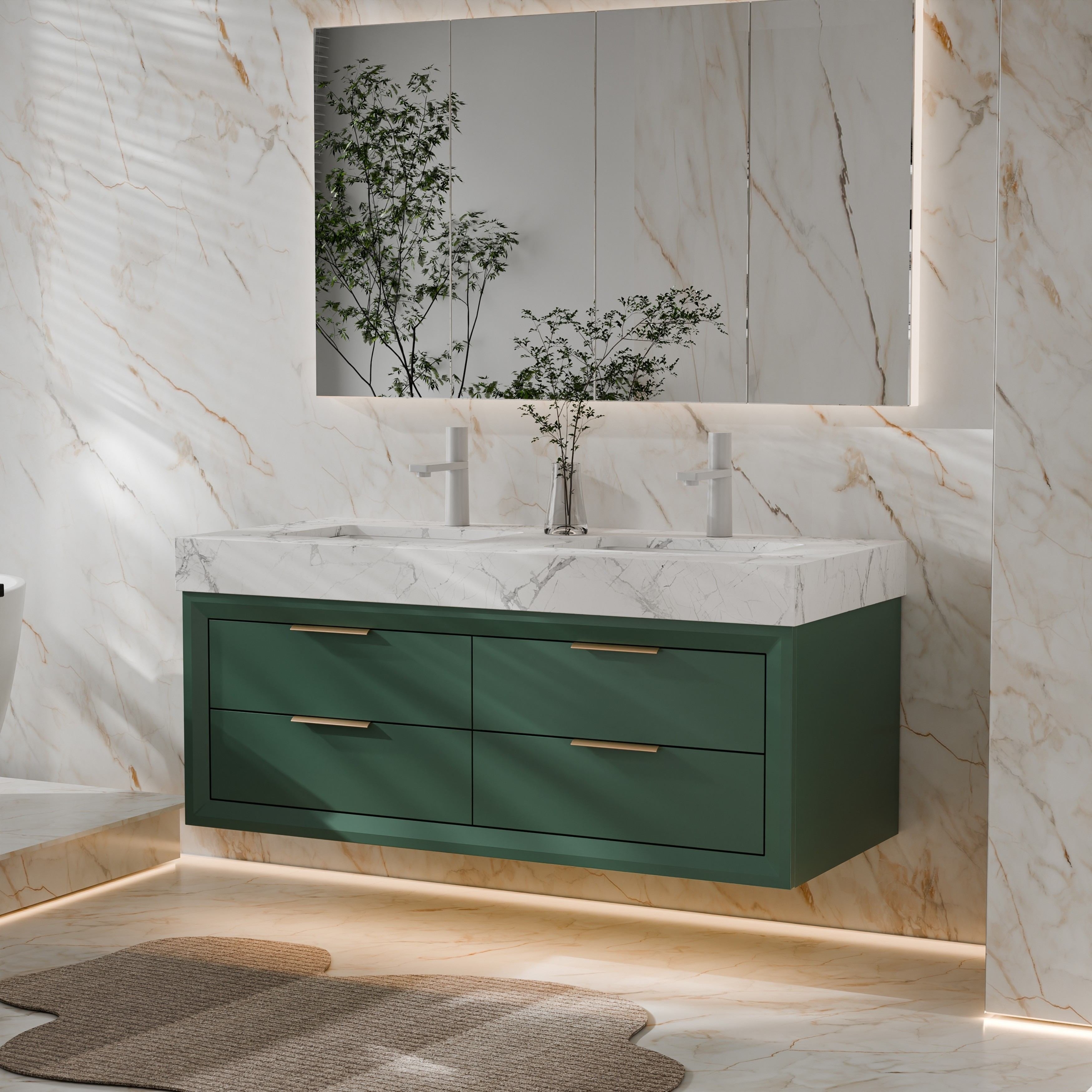 Modland 48 Floating Double Sink Bathroom Vanity With White Stone Countertop Soft Close Drawers Led Lighting