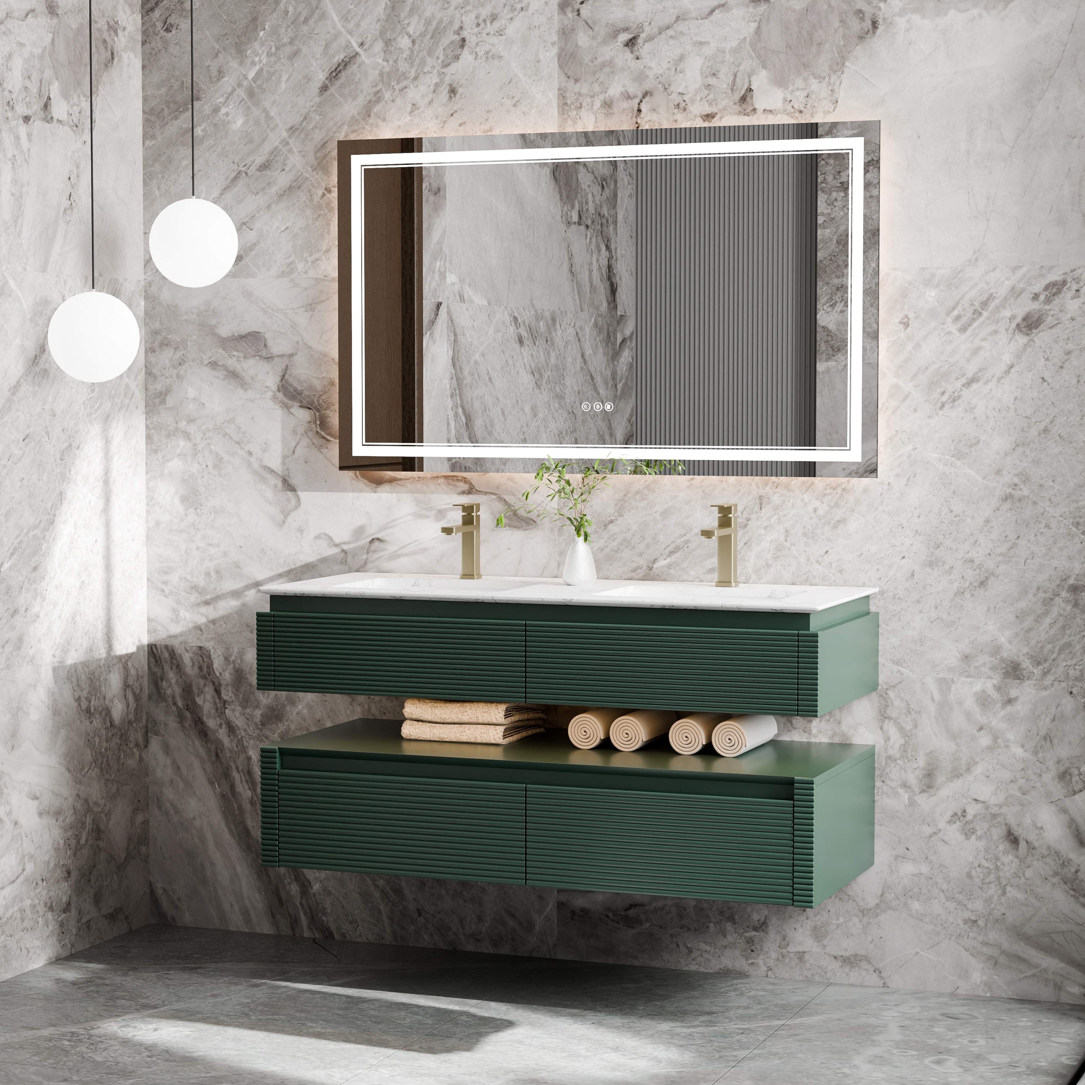 Modland 48 Modern Wall Mounted Double Sink Bathroom Vanity With Engineered Stone Countertop Led Light