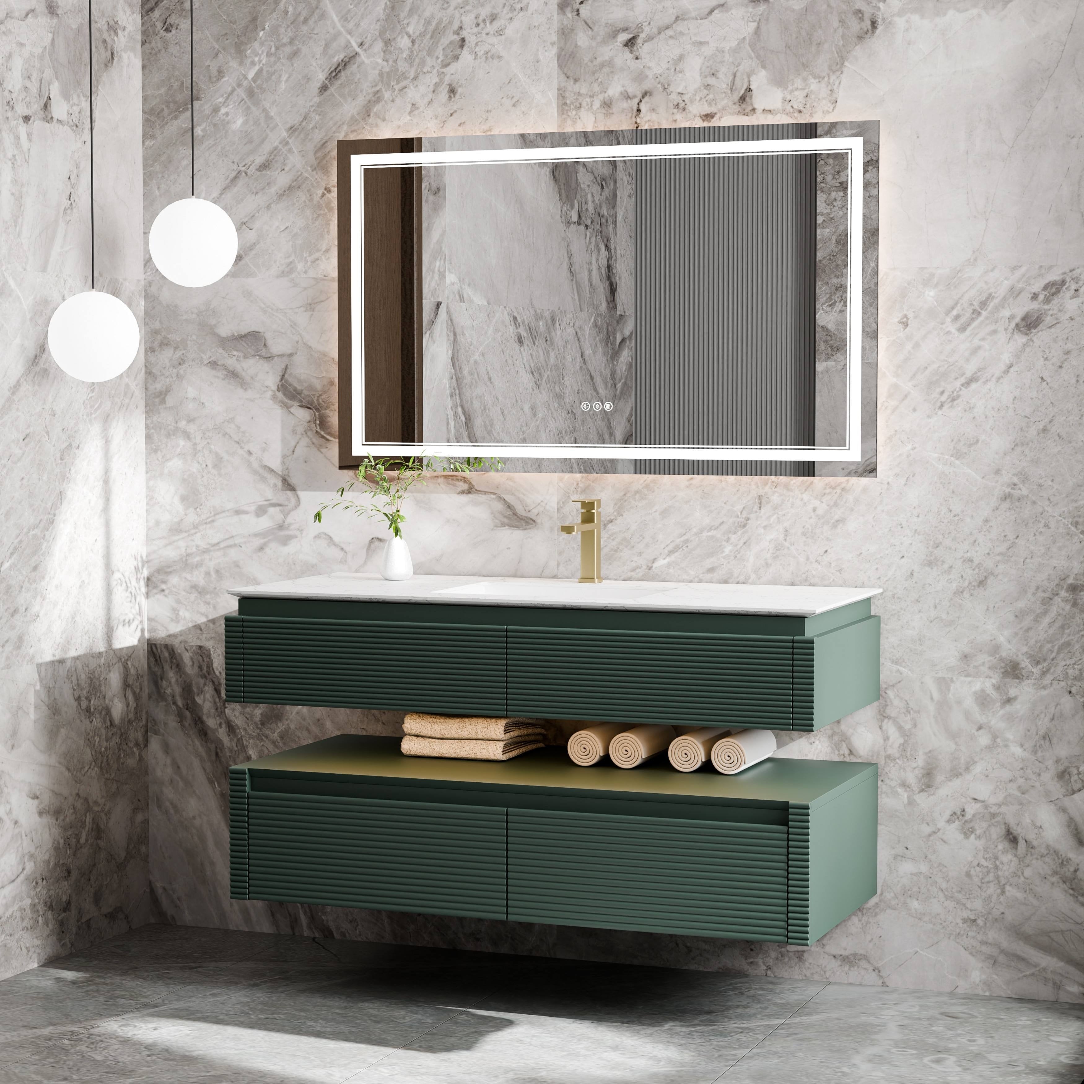 Modland 48 Modern Wall Mounted Single Sink Bathroom Vanity With Engineered Stone Countertop Soft Close Drawers