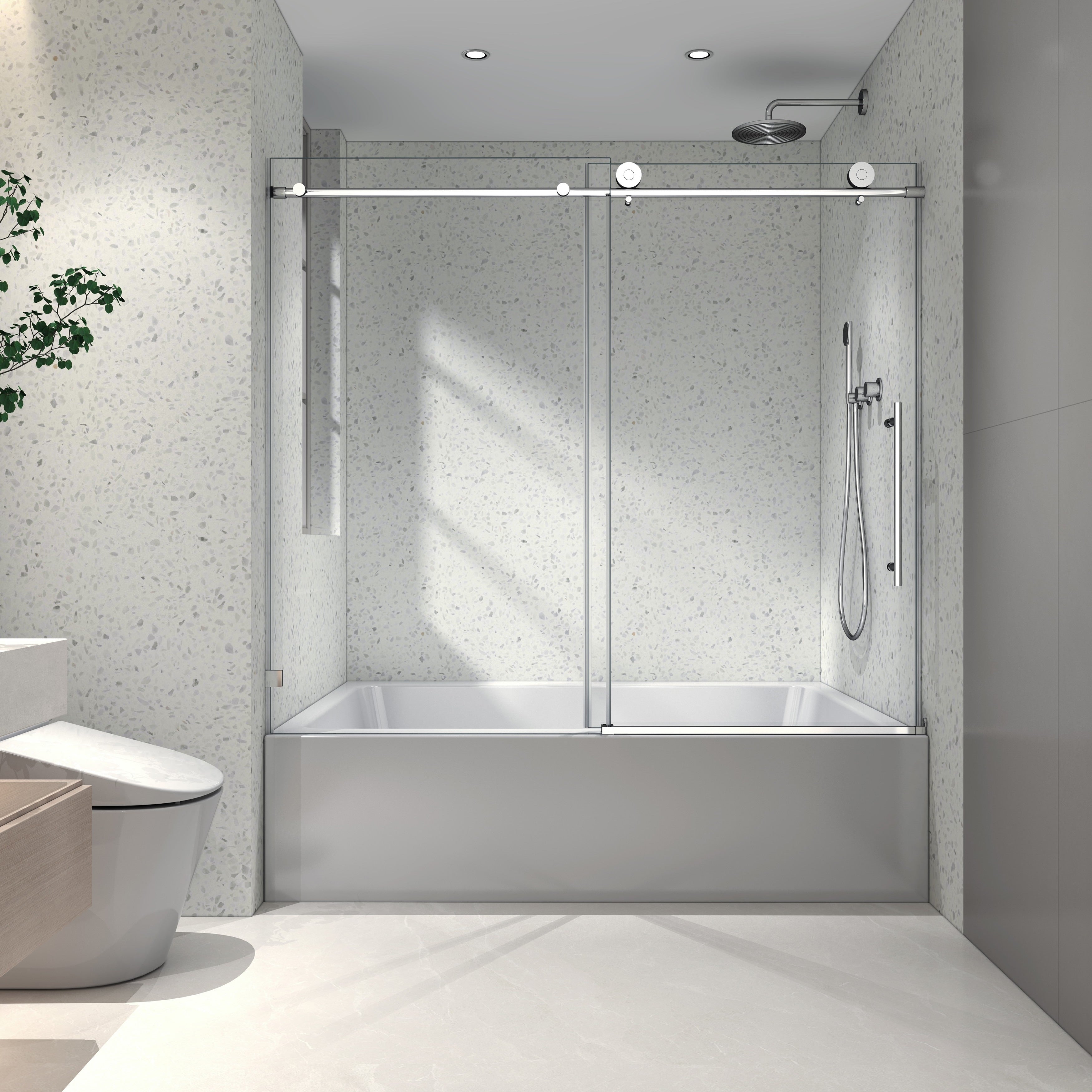 Modland 60 In. W X 63 In. H Sliding Frameless One Fixed And One Shifted Tub Door With Soft Close System Tempered Glass