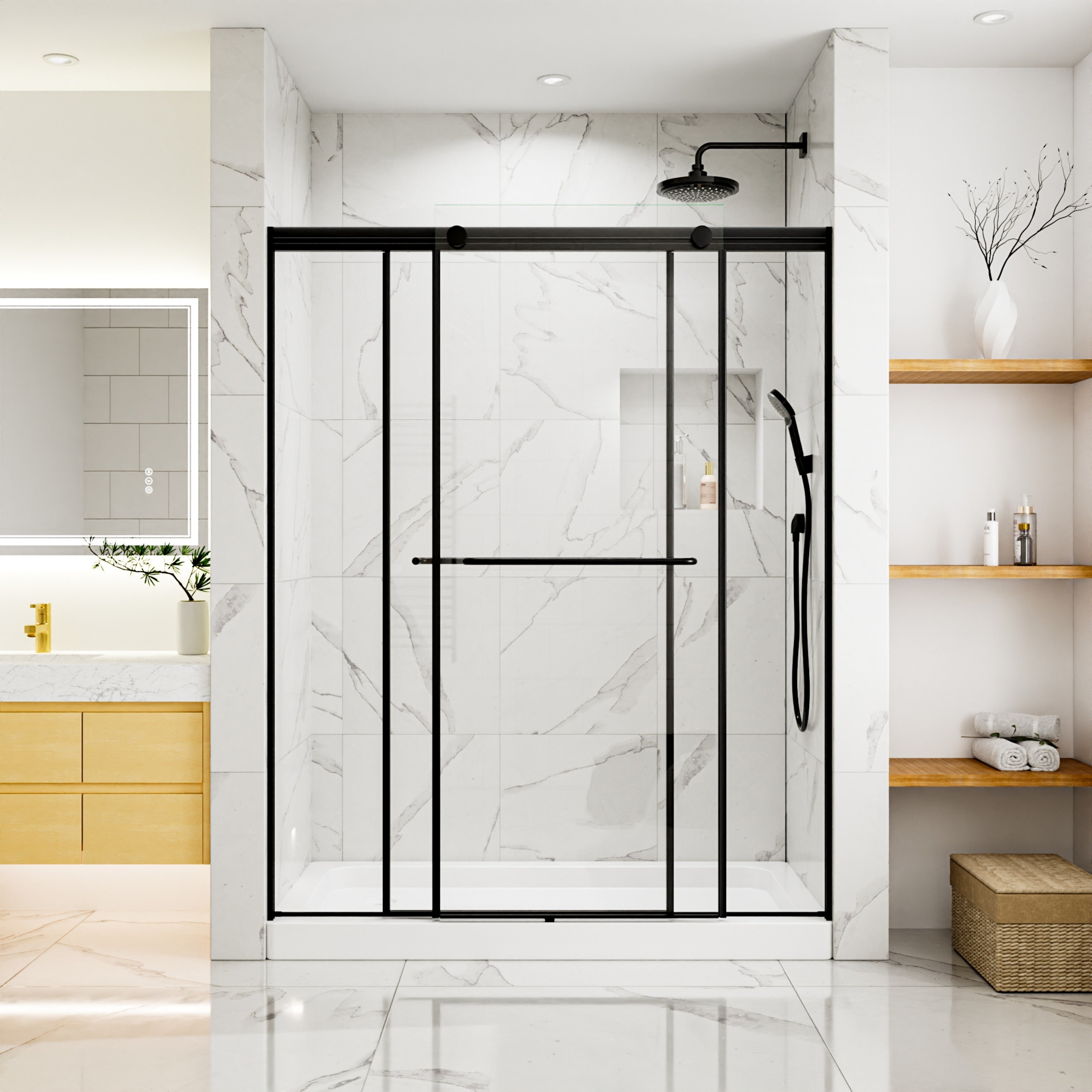 Modland 60 In. W X 76 In. H Framed Sliding Shower Door With 1 4 In. Clear Tempered Glass And Reversible Installation 60X76