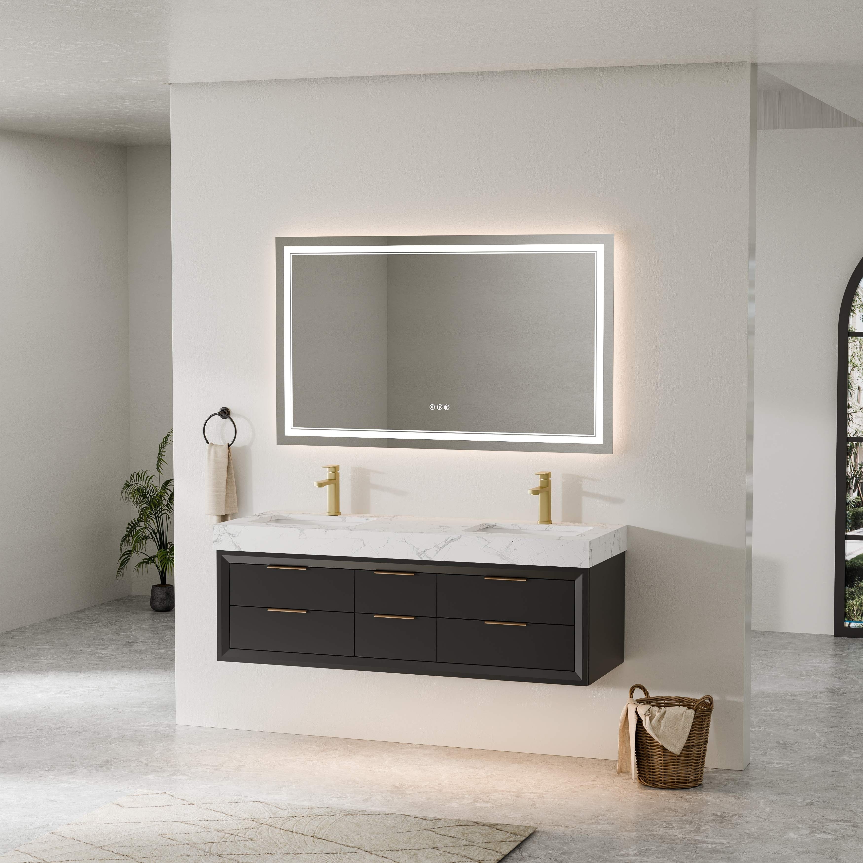 Modland 60 Modern Floating Bathroom Vanity With Double Sink Soft Close Drawers White Stone Countertop