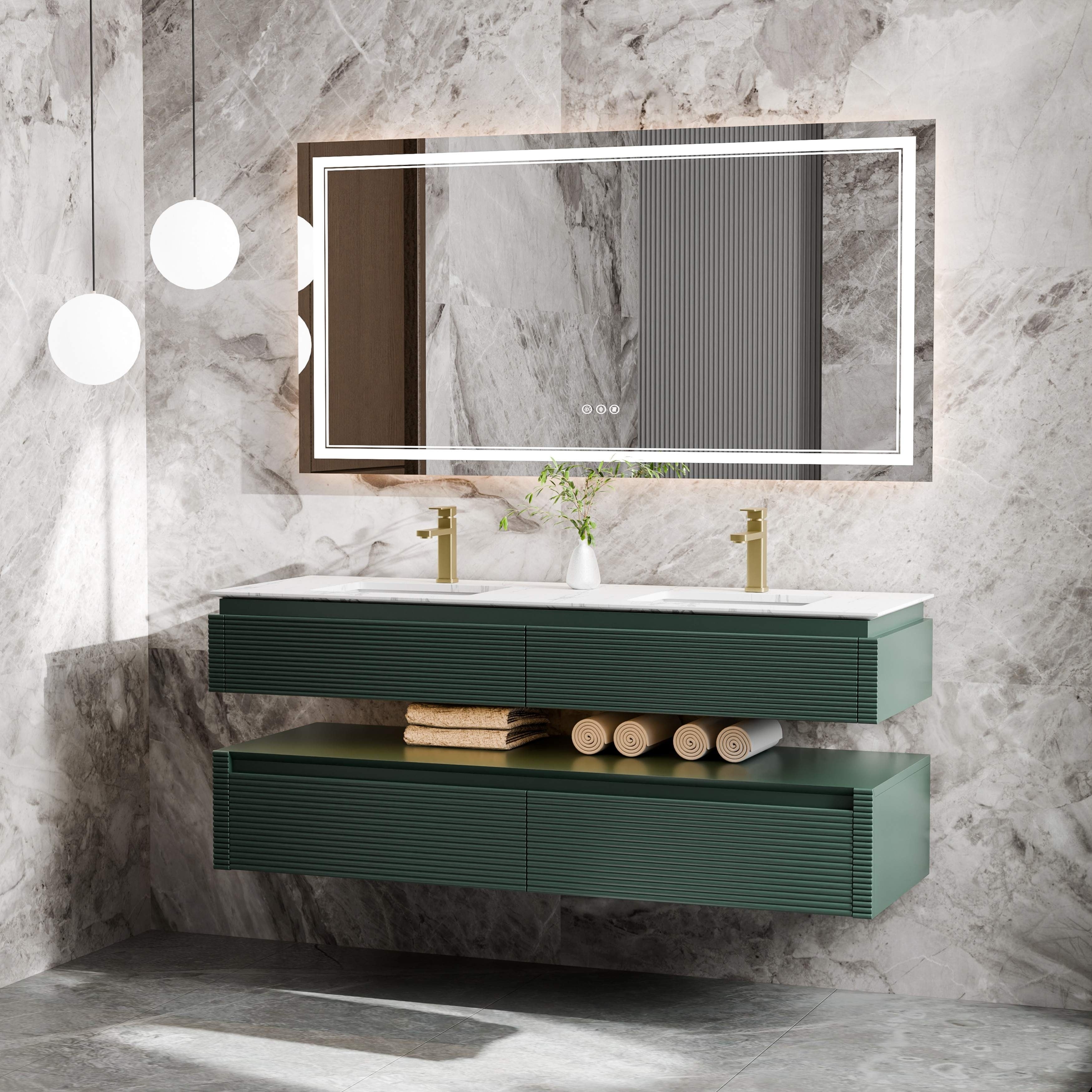 Modland 60 Modern Wall Mounted Double Sink Bathroom Vanity With Engineered Stone Countertop Soft Close Drawers