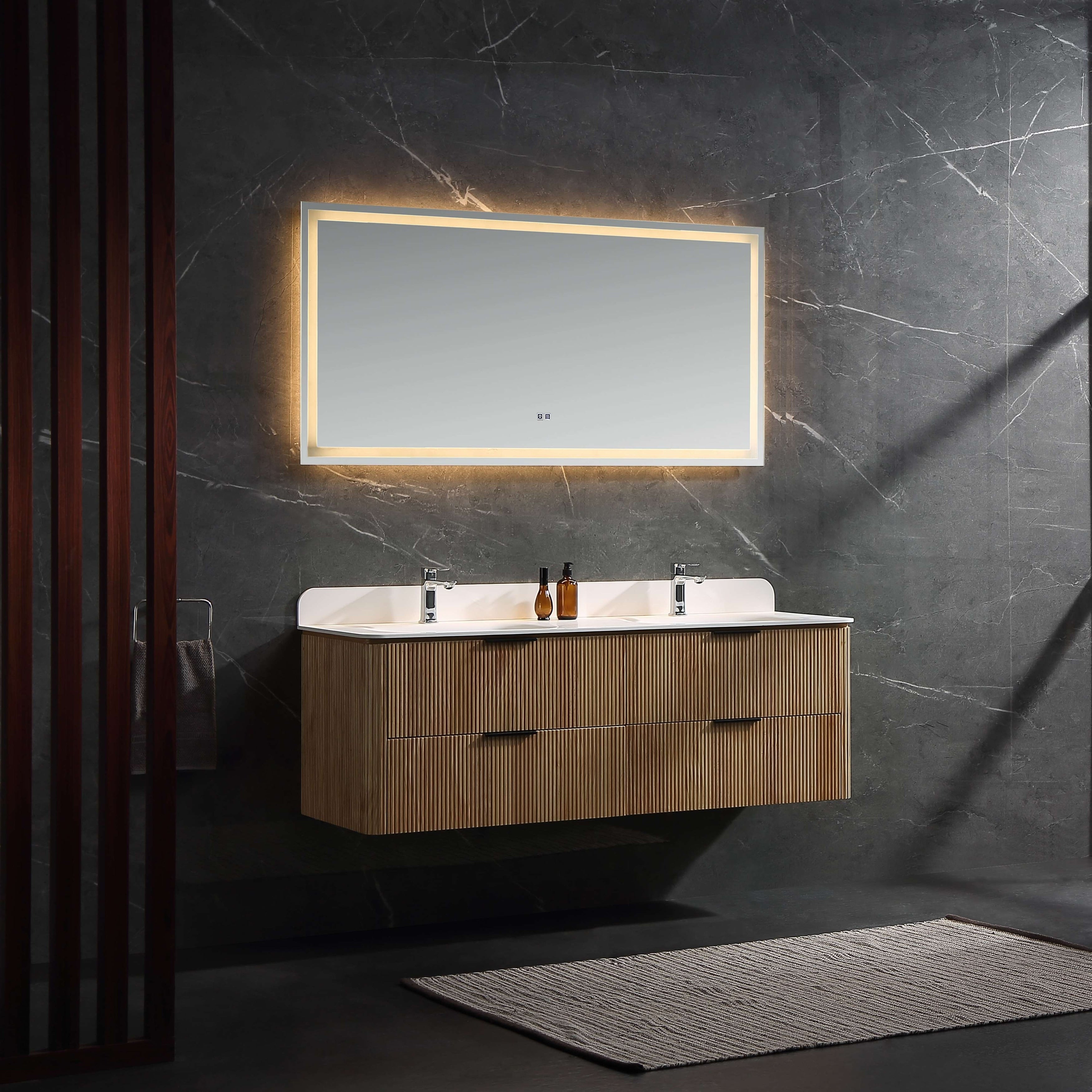 Modland 60 Natural Reeded Oak Wall Mounted Double Sink Bathroom Vanity With Acrylic Top