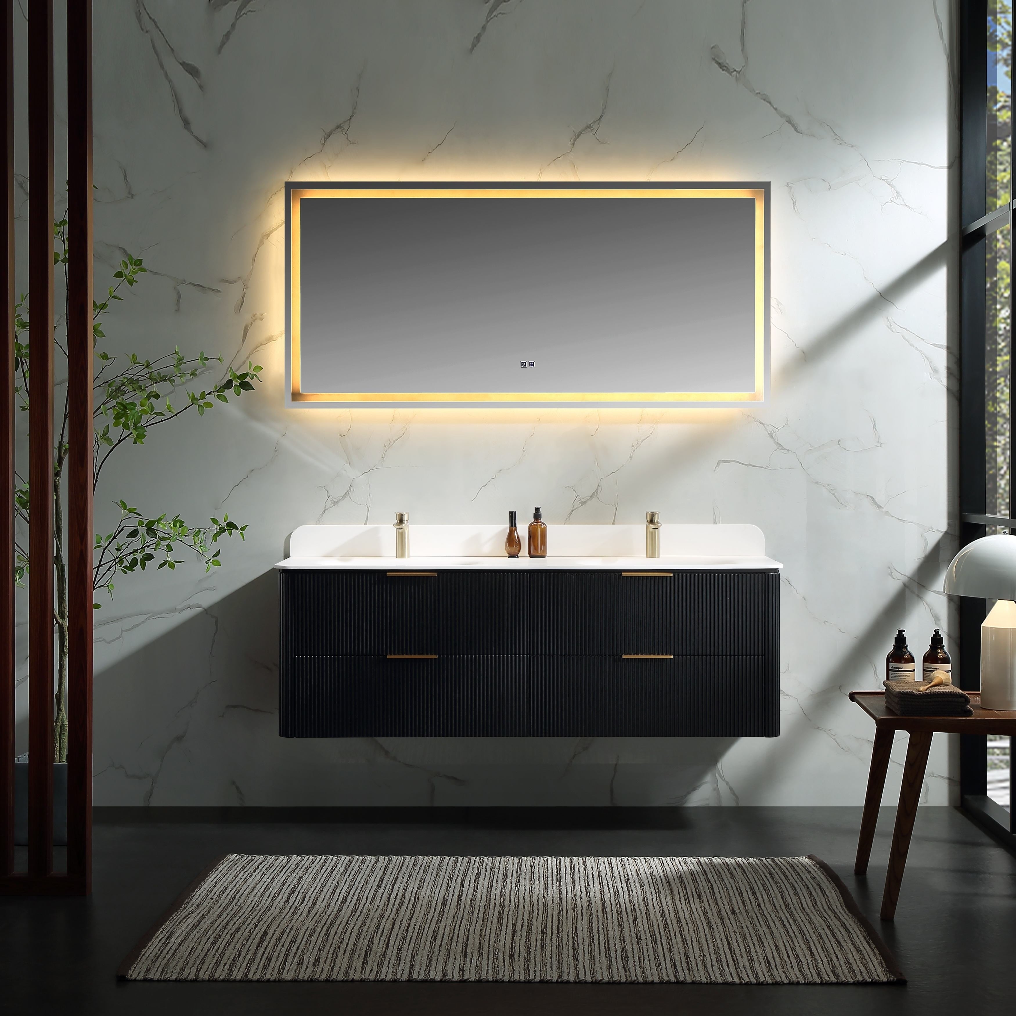 Modland 60 Wall Mounted Bathroom Vanity In Walnut Or Black Double Sink With Top Solid Wood 4 Soft Close Drawers