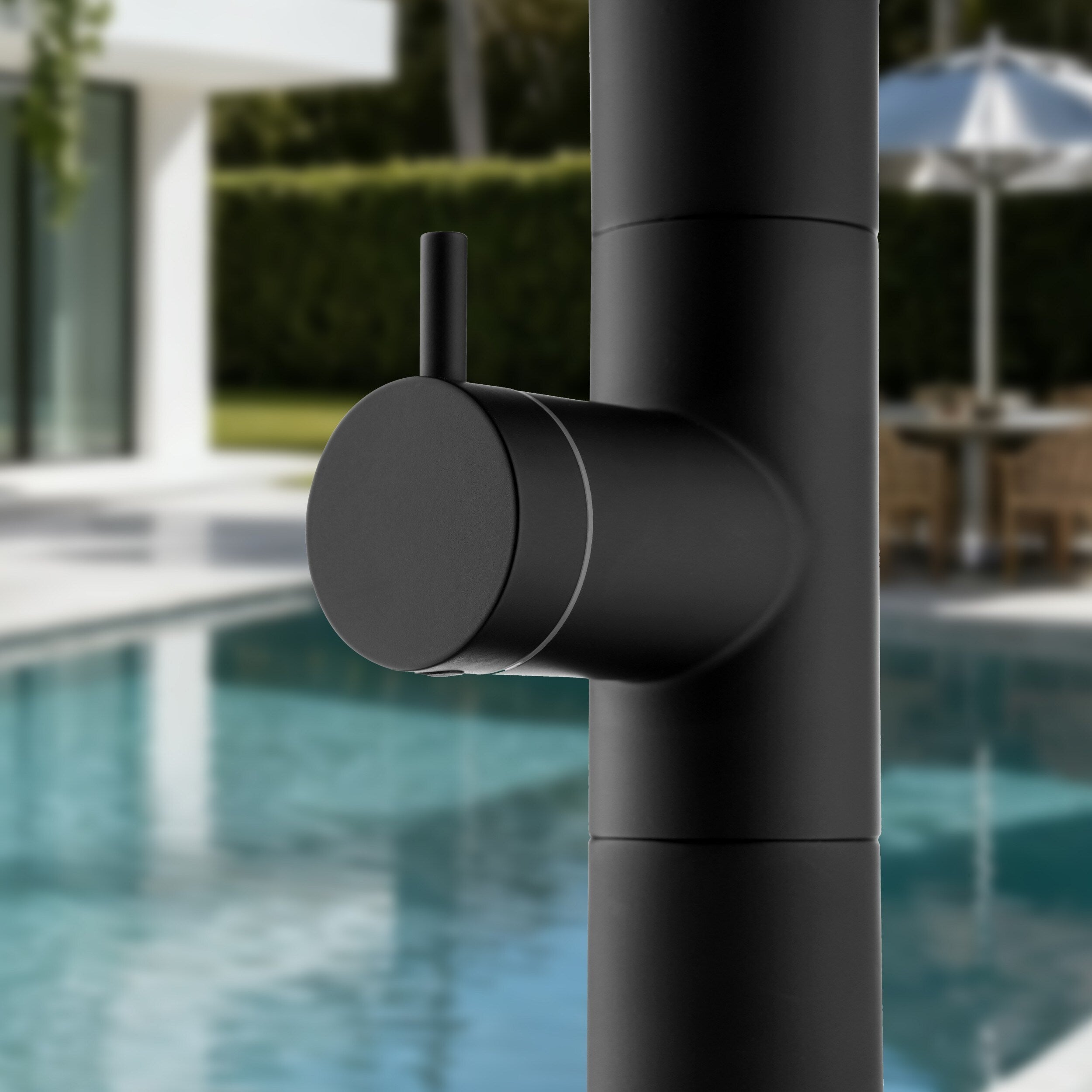 Modland Freestanding Outdoor Shower 316 Stainless Steel Pool Faucet With Curved Rain Head Nsf Valve Matte Black